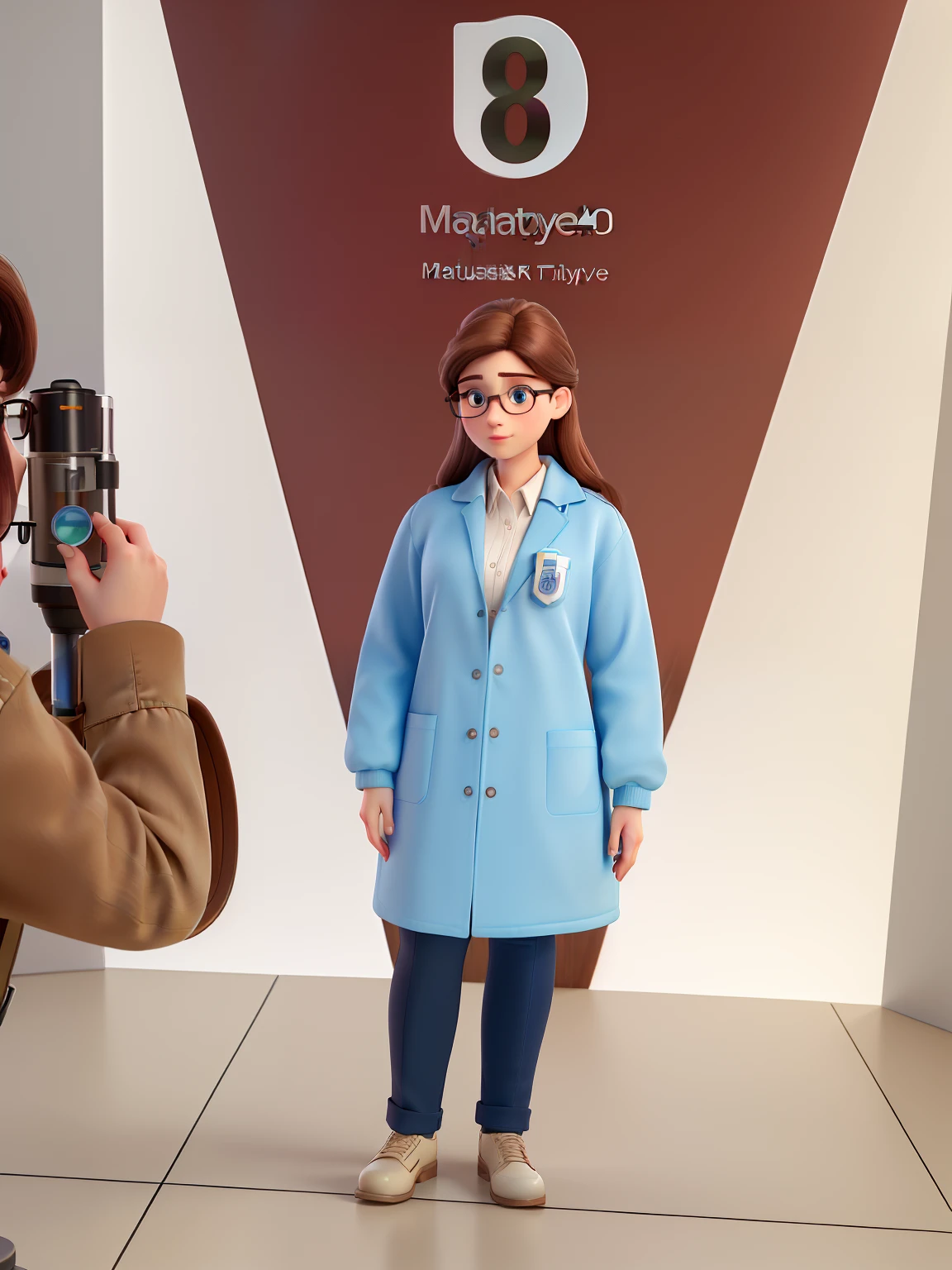 (best quality,4k,8k,highres,masterpiece:1.2),ultra-detailed,realistic,portrait,beautiful detailed eyes,beautiful detailed lips,round glasses,brown shoulder-length hair,pale skin,blue background,wearing a lab coat,holding a test tube and microscope,stern expression,professional lighting,vivid colors,subtle shadows