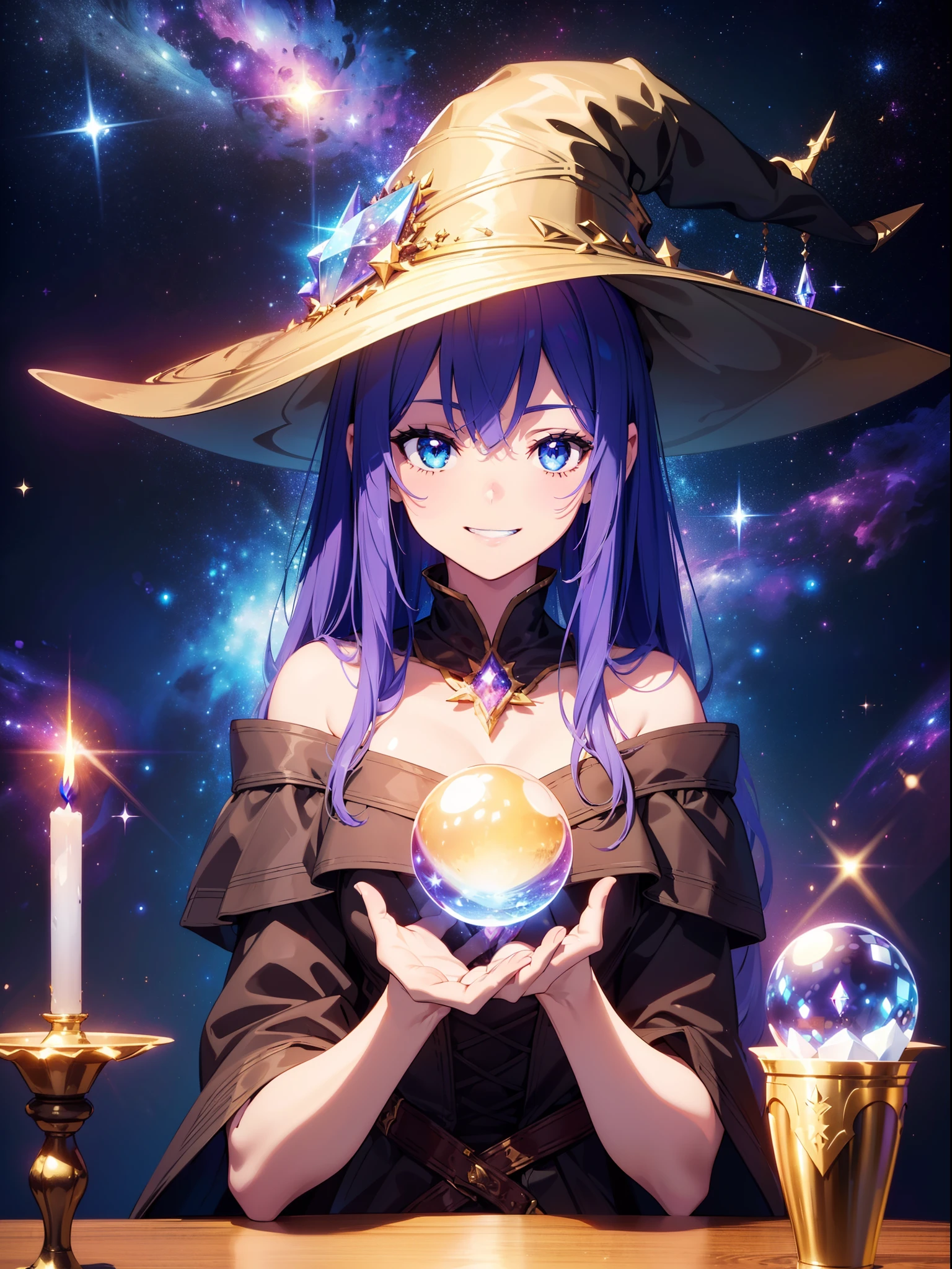 1 cute girl, concept art,fantasy art, cinematic lighting, (hands up, elbows on table, face palm) , (crystal ball that reflects the galaxy) , candle, close to viewer, face focus,( grin ), witch hat, background black , ((masterpiece)), ((best quality)), ((ultra-detailed)), (illustration), ((an extremely delicate and beautiful))