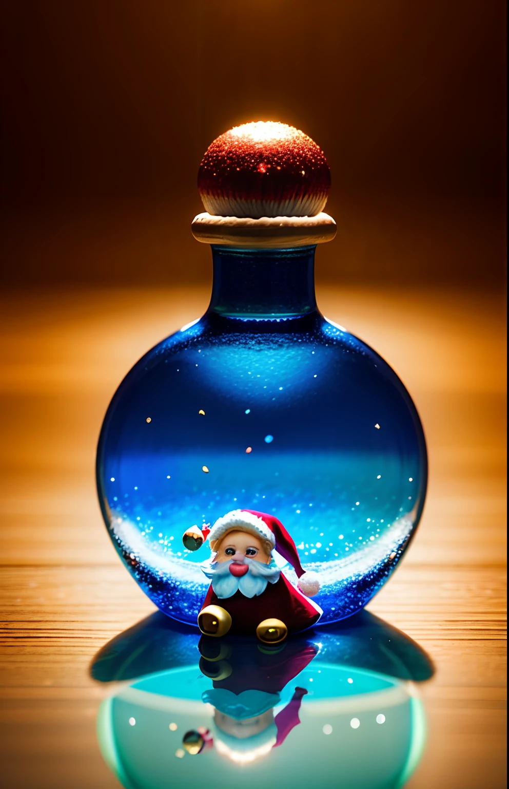 Chibi character Santa Claus in a bottle、fluffly、realisitic、Refraction of atmospheric light、Nikon D850 Film Stock Photo by Lee Jefferies 4 Kodak Portra 400 Camera F1.6 lenses Rich colors Ultra-realistic textures Dramatic lighting Unreal Engine Cinestir 800 trending at Art Station、Style Glass