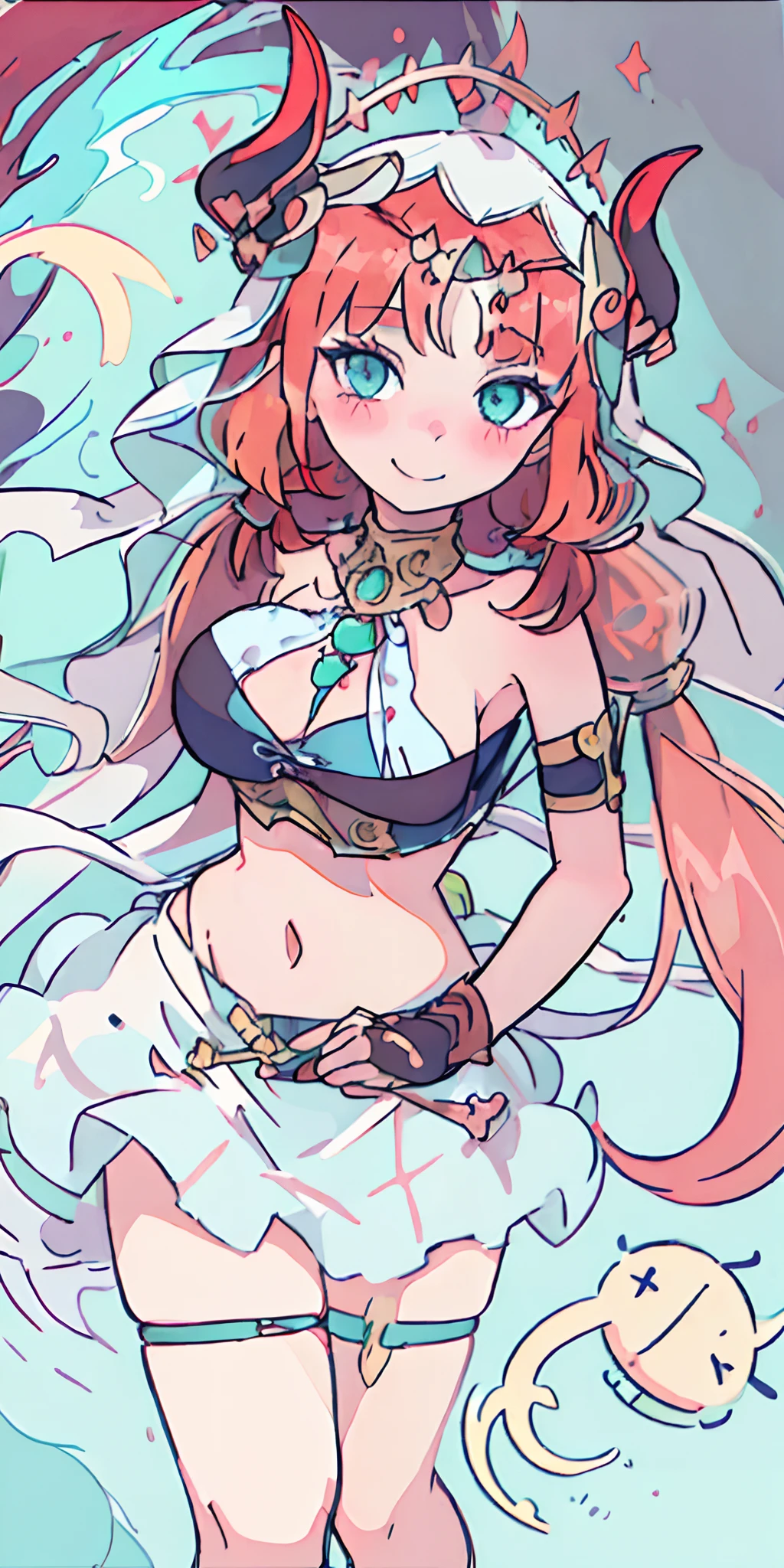 (masterpiece),  (expressive eyes:1.2), best quality, ultra-detailed, illustration, kawaii, cute, 1girl, standing, solo, long_hair, bangs, red_hair, horns, veil, jewelry, fake_horns, breasts, twintails, smile, blush, parted_bangs, brooch, aqua_eyes, circlet, harem_outfit, bracer, neck_ring, medium_breasts, low_twintails, closed_mouth, black background