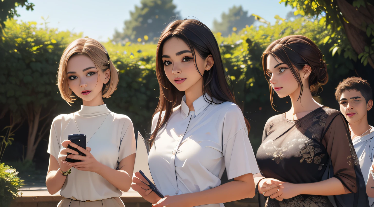 sfw, (Extremely detailed 8k wallpaper:2), (photo:2), (soigne Beautiful girl:2), (gives a lecture to friends:2), detailed (Face and eyes), (hyper realistic:1), (highly detailed:1), (epic realistic:1), rim light, (maximum details:1), cozy, (fullbody:1.3), (looking at viewer:2), (Woman's Attractive Qualities:2), (Attractive Woman:2), (Attractive:2), Smile, Intelligence, Empathy, Gracefulness, Sense of Style, Fitness, Grooming, Optimism, (Sensitivity:2), Sincerity, Romantic Gestures, Playfulness, Fashion Sense, (Sensuality:2), Charm, Modesty, Thoughtfulness, (Femininity:1), Flirtatiousness, Warmth, (Physical attractiveness:2), A beautiful smile, A love of life, strength and power, vulnerability, curiosity, wonder, love, (nature background:2), kawaii, waifu, Beautiful breasts, (attractive body:2), (Beautiful body:2), Beautiful pose, attractive pose, (Beautiful legs:1.0), (spread legs:1.0), (Beautiful clothes:1), (classic clothes:2), (elegant clothes:2), (European clothes:2), detailed clothes, (skirt:1), (blouse:1), (provocative pose)