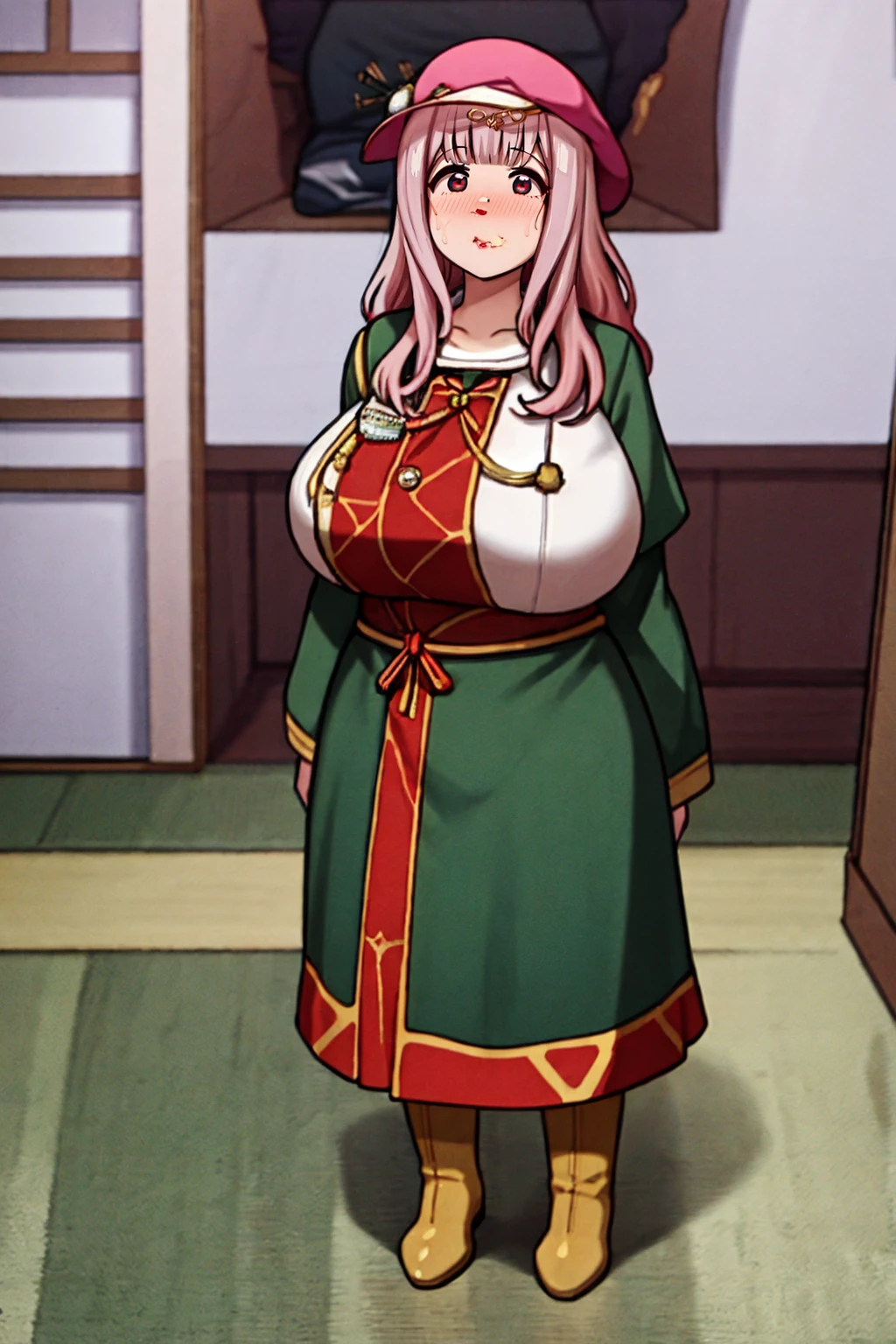 best quality, (masterpiece:1.2), detailed,,
,cute face, tall girl, huge breasts pink long hair,Fujiwara Chika, full body, hat, wizard tunic, boots,woman-medieval-clothes