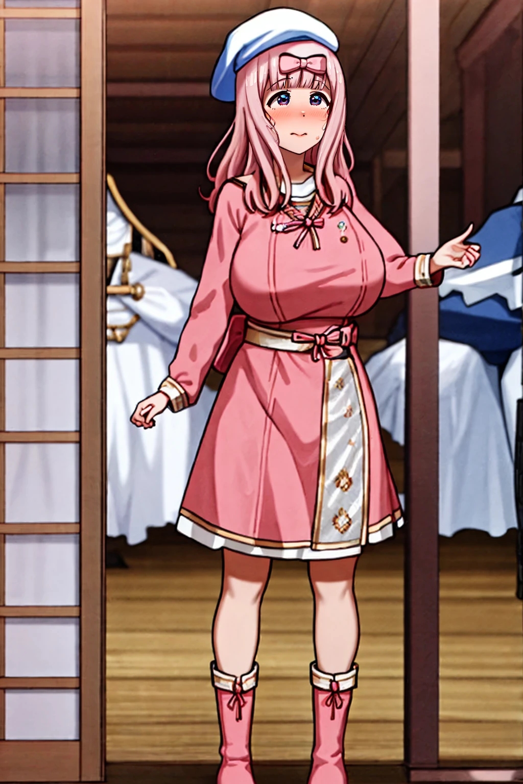 best quality, (masterpiece:1.2), detailed,,
,cute face, tall girl, huge breasts pink long hair,Fujiwara Chika, full body, hat, wizard tunic, boots,woman-medieval-clothes