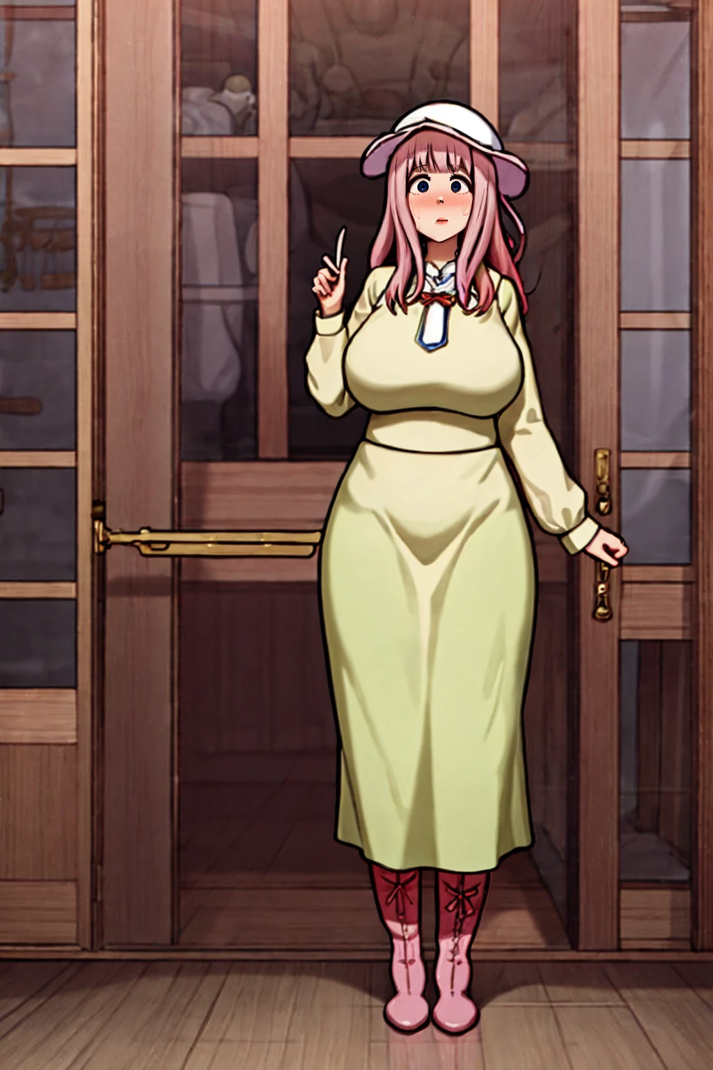 best quality, (masterpiece:1.2), detailed,,
,cute face, tall girl, huge breasts pink long hair,Fujiwara Chika, full body, hat, wizard tunic, boots,woman-medieval-clothes