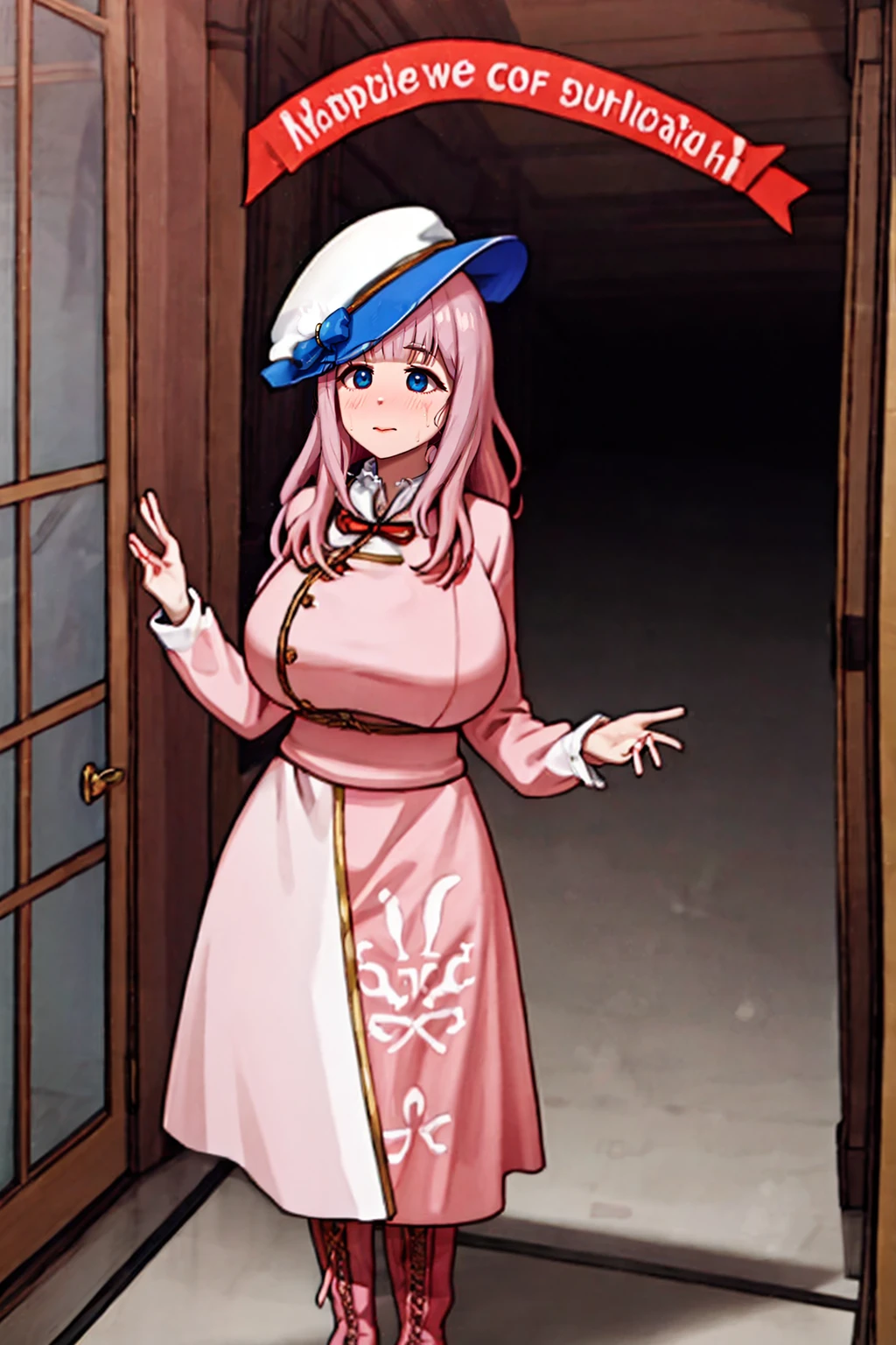 best quality, (masterpiece:1.2), detailed,, ,cute face, tall girl, huge breasts pink long hair,Fujiwara Chika, full body, hat, wizard tunic, boots,woman-medieval-clothes