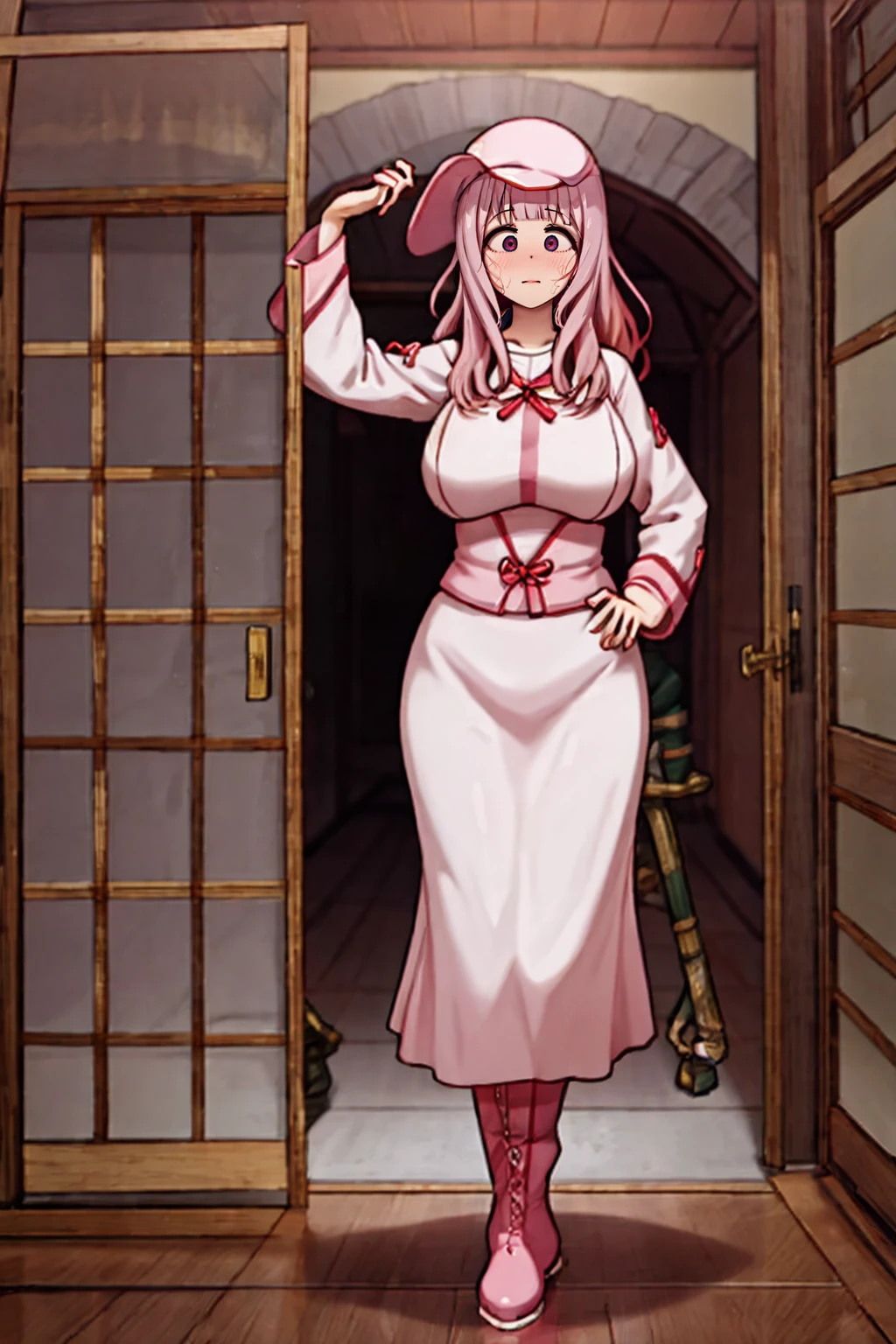 best quality, (masterpiece:1.2), detailed,, ,cute face, tall girl, huge breasts pink long hair,Fujiwara Chika, full body, hat, wizard tunic, boots,woman-medieval-clothes