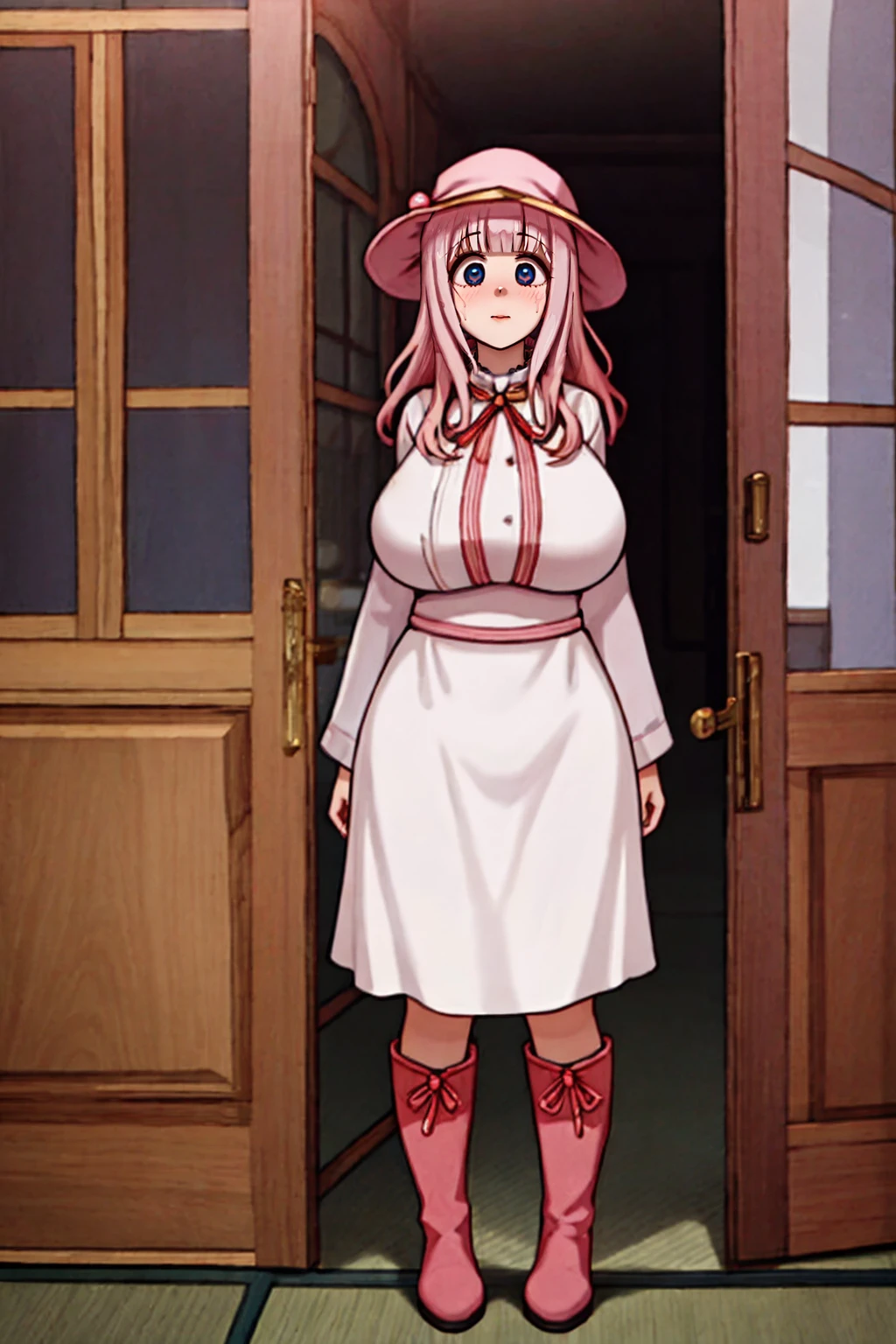 best quality, (masterpiece:1.2), detailed,, ,cute face, tall girl, huge breasts pink long hair,Fujiwara Chika, full body, hat, wizard tunic, boots,woman-medieval-clothes