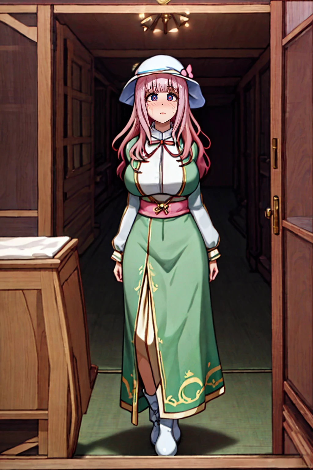 (best quality,4k,8k,highres,masterpiece:1.2),ultra-detailed,(:1.37),cute face,tall girl,huge breasts,pink long hair,Fujiwara Chika,full body,hat,wizard tunic,boots,woman-medieval-clothes,illustration,forest background,vibrant colors,warm lighting