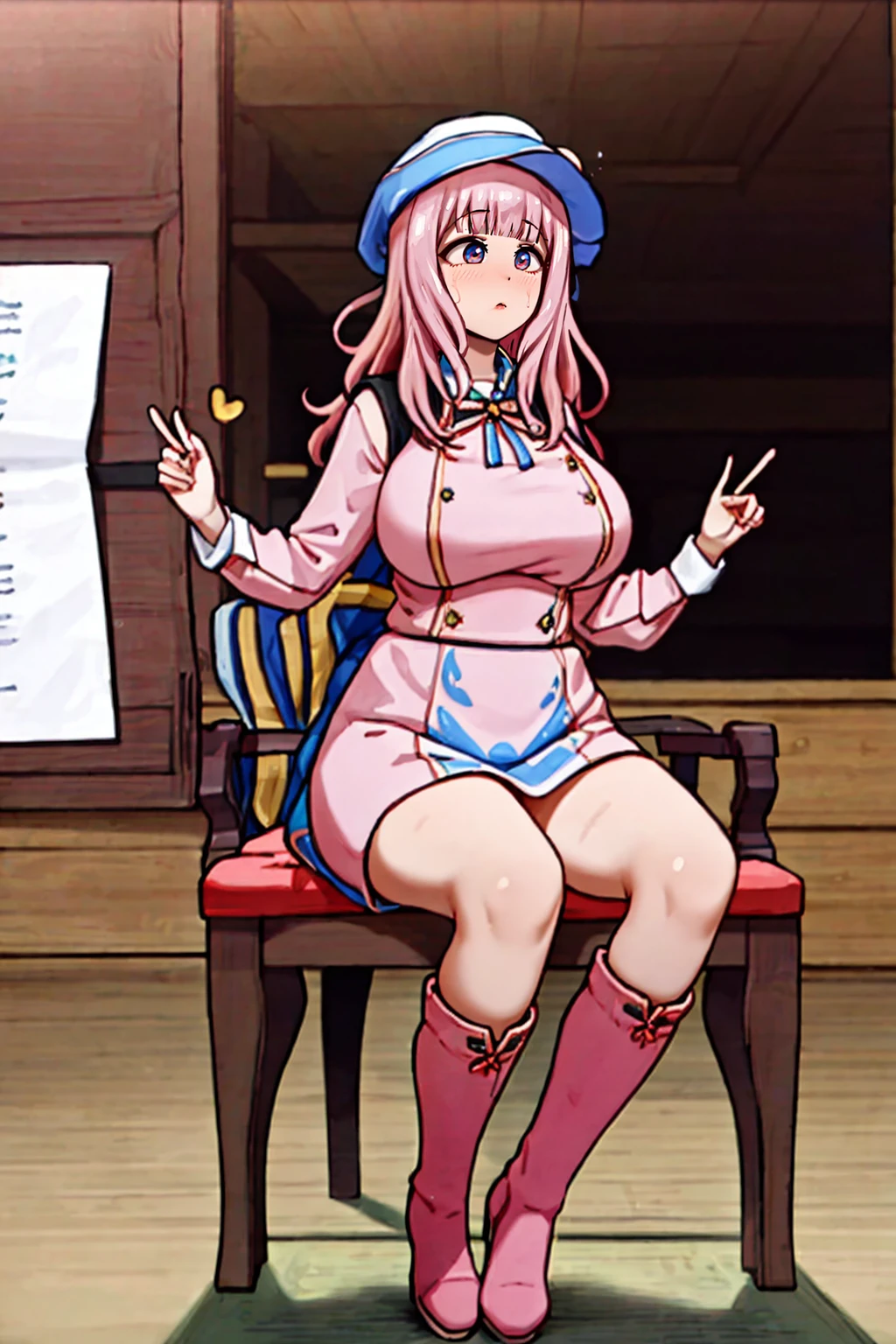 (masterpiece, best quality:1.2), cowboy shot, (solo), (1girl):1.5, glasses, long fluffy pink hair, hair blowing, gorgeous body, wide hips, slight smile, (sexy elegant swimswit), navel exposed, large breasts, pink breasts niples, cameltoe.