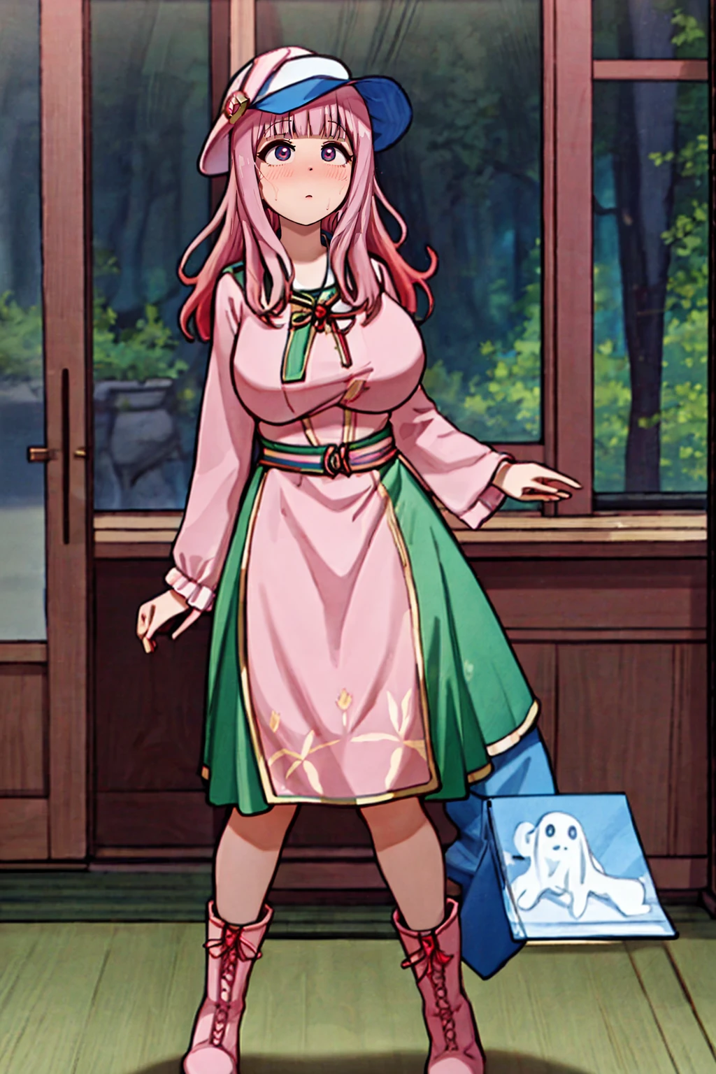 (best quality,4k,8k,highres,masterpiece:1.2),ultra-detailed,(:1.37),cute face,tall girl,huge breasts,pink long hair,Fujiwara Chika,full body,hat,wizard tunic,boots,woman-medieval-clothes,illustration,forest background,vibrant colors,warm lighting