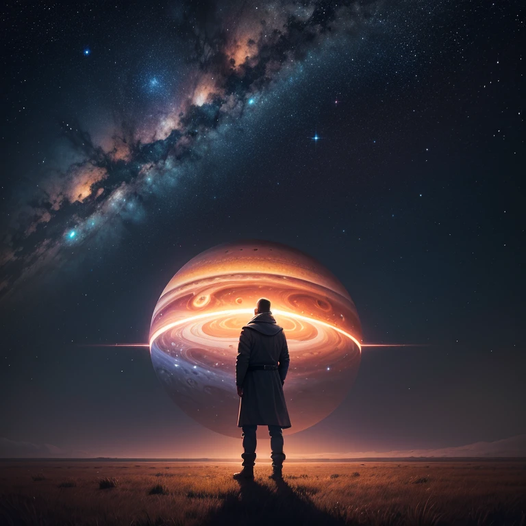 A man standing on the plain，looking at the stars，Telescopic shot，galactic，Giant Jupiter，giant saturn