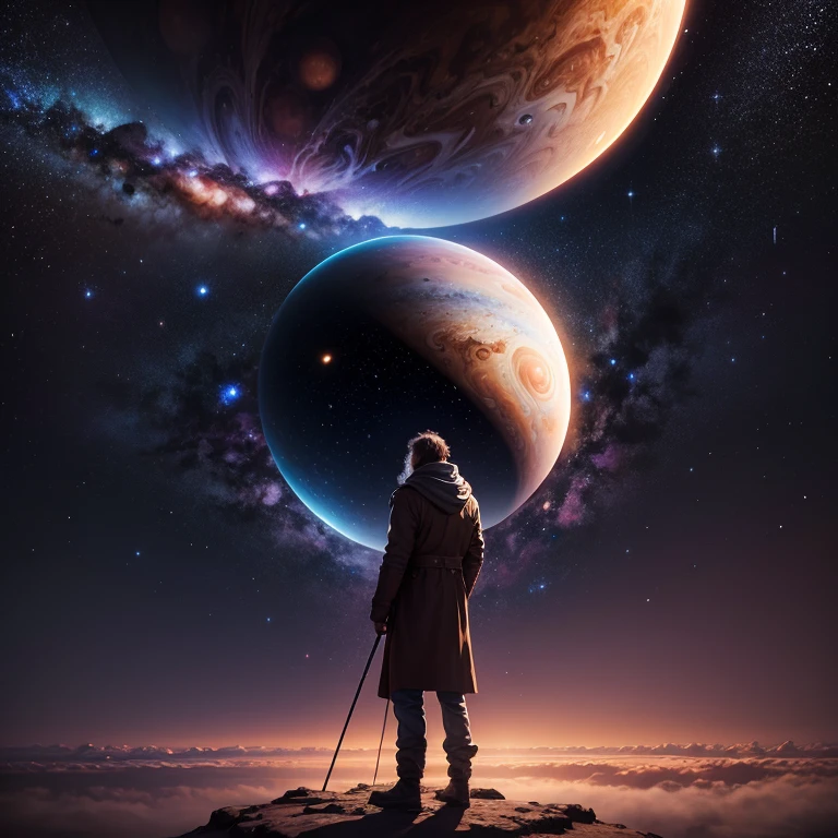 A man standing on the plain,looking at the stars,Telescopic shot,galactic,Giant Jupiter,giant saturn