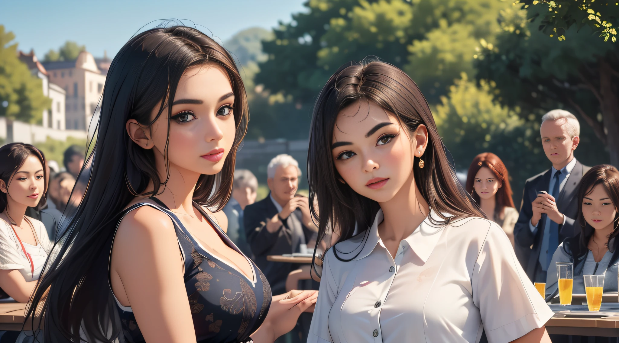 Awesome, miniskirt, smile, red eyes, colorful top,,, (8k, acura, masterpiece:1.2), (realism, fidelity:1.37), super detailed, full body, small waist, (2girls, 1.2), cute, beautiful detailed sky, detailed café, evening, sitting, dating, (smiling: 1.15), (grinning) big breasts, (fantasy breasts), cleavage, beautiful detailed eyes, (collared shirt: 1.1), night, (wavy hair: 1.2), floating hair NovaFrogStyle, Internet, Future, Nudity, (Hairclip), (Full Body Photo), Sex