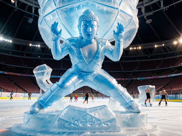 (ice sculpture:1.2) of skating Buddha, skating shoes, running pose, sports, skating track, icy stadium, motion blur, multiple skating players, scenery