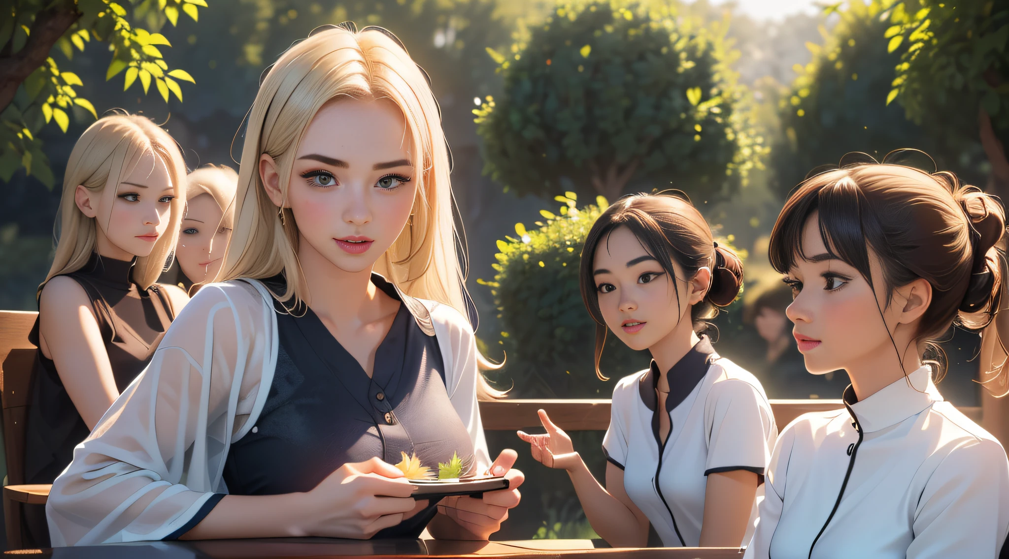 sfw, (Extremely detailed 8k wallpaper:2), (photo:2), (soigne Beautiful girl:2), (gives a lecture to friends:2), detailed (Face and eyes), (hyper realistic:1), (highly detailed:1), (epic realistic:1), rim light, (maximum details:1), cozy, (fullbody:1.3), (looking at viewer:2), (Woman's Attractive Qualities:2), (Attractive Woman:2), (Attractive:2), Smile, Intelligence, Empathy, Gracefulness, Sense of Style, Fitness, Grooming, Optimism, (Sensitivity:2), Sincerity, Romantic Gestures, Playfulness, Fashion Sense, (Sensuality:2), Charm, Modesty, Thoughtfulness, (Femininity:1), Flirtatiousness, Warmth, (Physical attractiveness:2), A beautiful smile, A love of life, strength and power, vulnerability, curiosity, wonder, love, (nature background:2), kawaii, waifu, Beautiful breasts, (attractive body:2), (Beautiful body:2), Beautiful pose, attractive pose, (Beautiful legs:1.0), (spread legs:1.0), (Beautiful clothes:1), (classic clothes:2), (elegant clothes:2), (European clothes:2), detailed clothes, (skirt:1), (blouse:1), (provocative pose)
