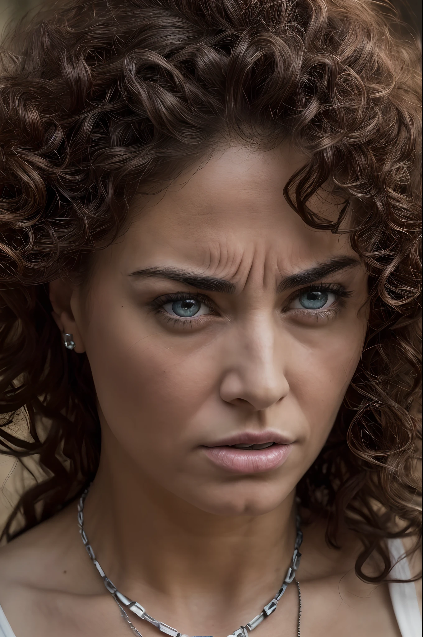 (8k, ultra high res, best quality, high_quality, masterpiece:1.2), realistic, (ultra detailed eyes and face), (ultra detailed beautiful skin), beautiful 30 year old Jewish woman, long curly hair, wearing tank top, eye contact, large breast, cleavage, ((angry facial expression)), ((wearing a small key on a necklace))