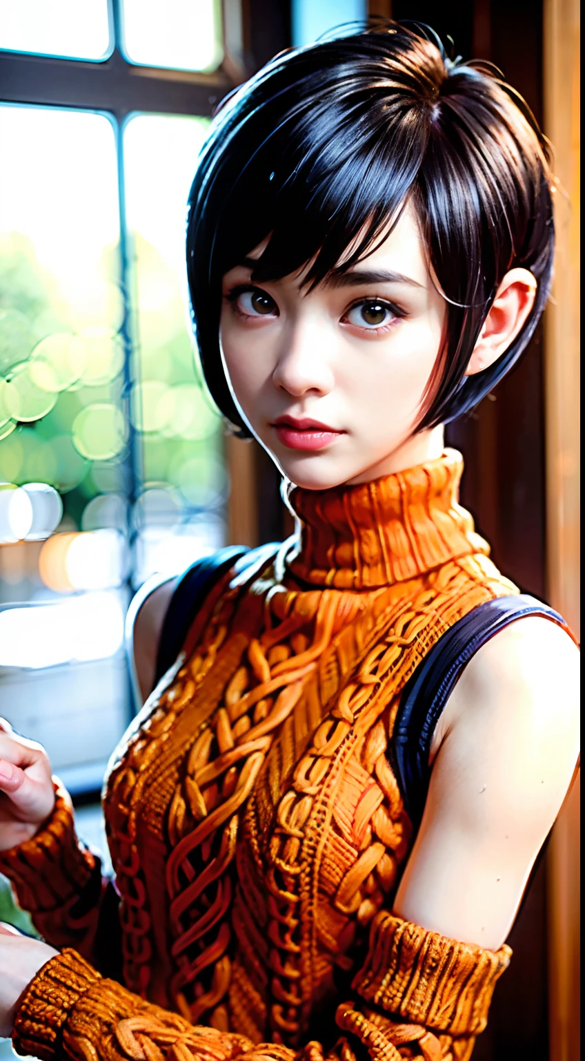 Kinky real life Velma from scooby doo, (pixie_cut short_hair:1.9) good hand,4k, high-res, masterpiece, best quality, head:1.3,((Hasselblad photography)), finely detailed skin, sharp focus, dynamic angle, (detailed face:1.2), (((5 stars hotel))), outside, tiny_head:1.2, cable_knit:1.2, turtleneck:1.4, Eyes in good shape。Brown-eyed、dark brown short hair、good lips、Small lips、Natural_makeup、Best Quality, masutepiece, ultra-detail, (cable_knit turtleneck :1.5), (orange_colored_sweaters:1.5), big_eyeglasses:1.5 超A high resolution, Realistic,wide_angle, tiny head, ((((solo)))),