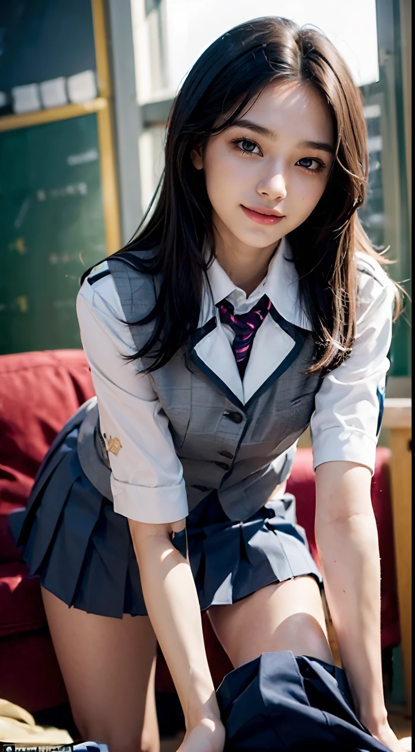 (((Dressing:1.8, shool uniform:1.8))), ((Living room at home)), ((Crawling on all fours on the sofa, Point your butt at the camera)), ((pantie shot)), Smiling smile, 1girl in, 18year old, 7headed body, Ideal ratio body proportions, erectile nipple, Medium Hair, With bangs, A dark-haired, small tits, A slender, Small buttocks, beauty legs, Skinny Legs, surrealism, Cinematic lighting, depth of fields, One-person viewpoint, F/1.8, 135 mm, nffsw, masutepiece, ccurate, Anatomically correct, Textured skin, Super Detail, high details, High quality, awardwinning, Best Quality, hight resolution, 8K
