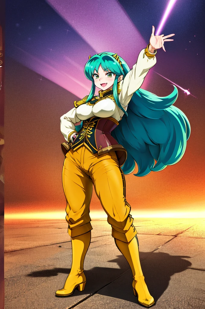 masterpiece, best quality,, corset, breastplate,lum, , urusei yatsura, cloak, pants, pullover kimono,martial pov,, pantyhose, sharpteeth, standing,smile, matial art,, full body, boots , pant, medium breast, pants, pullover,martial pov,god rays, ray tracing, sparkle, cinematic lighting, UHD, retina, masterpiece, ccurate, anatomically correct, textured skin, super detail, high details, high quality, award winning, best quality, highres, 1080P, HD, 4K, thunder aura, light aura, sharpteeth,, super powers, full body, standing, kimono