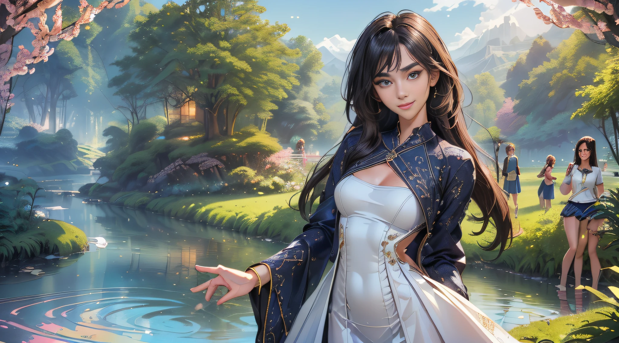 sfw, (Extremely detailed 8k wallpaper:2), (photo:2), (soigne Beautiful girl:2), (gives a lecture to friends:2), detailed (Face and eyes), (hyper realistic:1), (highly detailed:1), (epic realistic:1), rim light, (maximum details:1), cozy, (fullbody:1.3), (looking at viewer:2), (Woman's Attractive Qualities:2), (Attractive Woman:2), (Attractive:2), Smile, Intelligence, Empathy, Gracefulness, Sense of Style, Fitness, Grooming, Optimism, (Sensitivity:2), Sincerity, Romantic Gestures, Playfulness, Fashion Sense, (Sensuality:2), Charm, Modesty, Thoughtfulness, (Femininity:1), Flirtatiousness, Warmth, (Physical attractiveness:2), A beautiful smile, A love of life, strength and power, vulnerability, curiosity, wonder, love, (nature background:2), kawaii, waifu, Beautiful breasts, (attractive body:2), (Beautiful body:2), Beautiful pose, attractive pose, (Beautiful legs:1.0), (spread legs:1.0), (Beautiful clothes:1), (classic clothes:2), (elegant clothes:2), (European clothes:2), detailed clothes, (skirt:1), (blouse:1), (provocative pose)