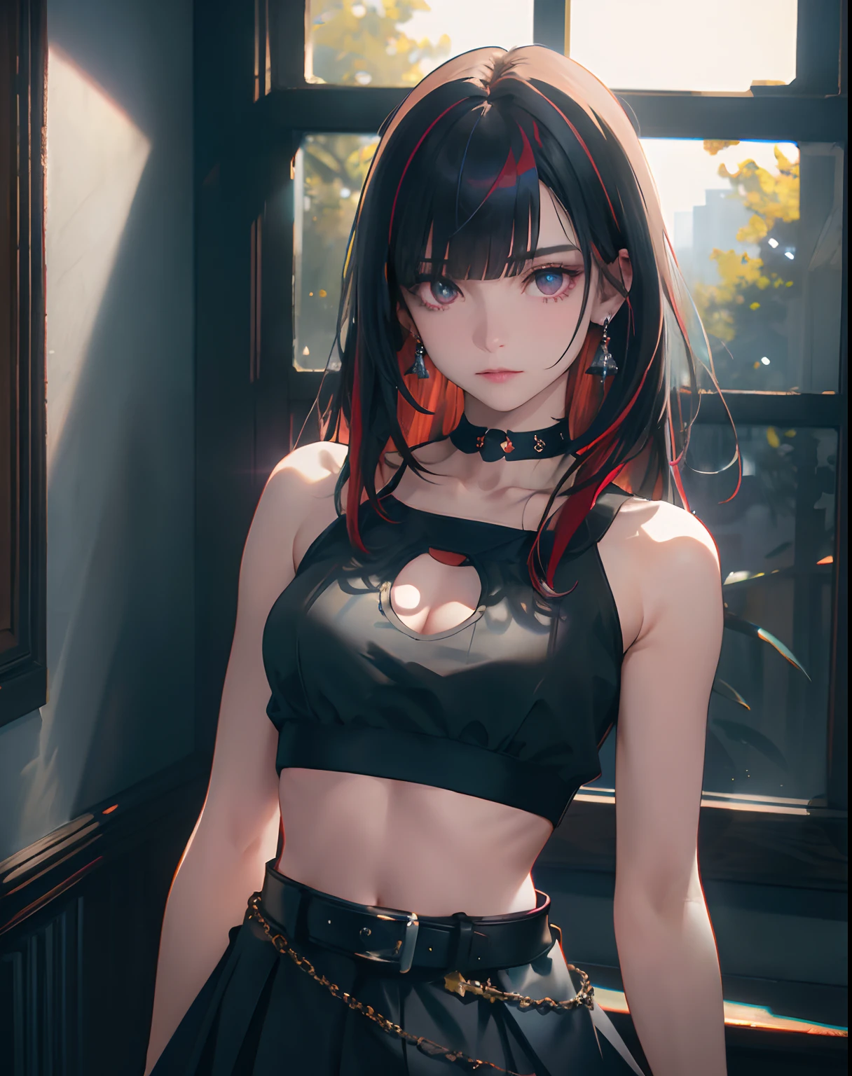 (masterpiece, best quality, 1girl, solo, intricate details, chromatic aberration), (realistic),(skin), ((breath)),(black hair,blunt bangs),detailed hair, red head ornament, blue highlights, hair over one eye,black eyes, small earrings, sharp eyes, choker,((black crop top )),(skirt),(belt),open waist,(symmetry eyes),(perfect symmetrical body), night,(((natural light))),backlighting,against grey wall, dim lighting ,look at viewer,((centered shot, from front,(face and waist)))