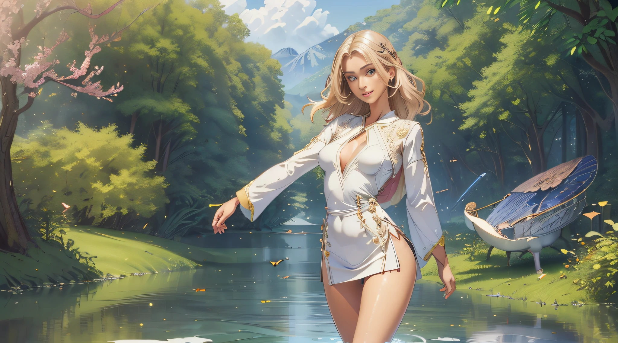 sfw, (Extremely detailed 8k wallpaper:2), (photo:2), (soigne Beautiful girl:2), (gives a lecture to friends:2), detailed (Face and eyes), (hyper realistic:1), (highly detailed:1), (epic realistic:1), rim light, (maximum details:1), cozy, (fullbody:1.3), (looking at viewer:2), (Woman's Attractive Qualities:2), (Attractive Woman:2), (Attractive:2), Smile, Intelligence, Empathy, Gracefulness, Sense of Style, Fitness, Grooming, Optimism, (Sensitivity:2), Sincerity, Romantic Gestures, Playfulness, Fashion Sense, (Sensuality:2), Charm, Modesty, Thoughtfulness, (Femininity:1), Flirtatiousness, Warmth, (Physical attractiveness:2), A beautiful smile, A love of life, strength and power, vulnerability, curiosity, wonder, love, (nature background:2), kawaii, waifu, Beautiful breasts, (attractive body:2), (Beautiful body:2), Beautiful pose, attractive pose, (Beautiful legs:1.0), (spread legs:1.0), (Beautiful clothes:1), (classic clothes:2), (elegant clothes:2), (European clothes:2), detailed clothes, (skirt:1), (blouse:1), (provocative pose)