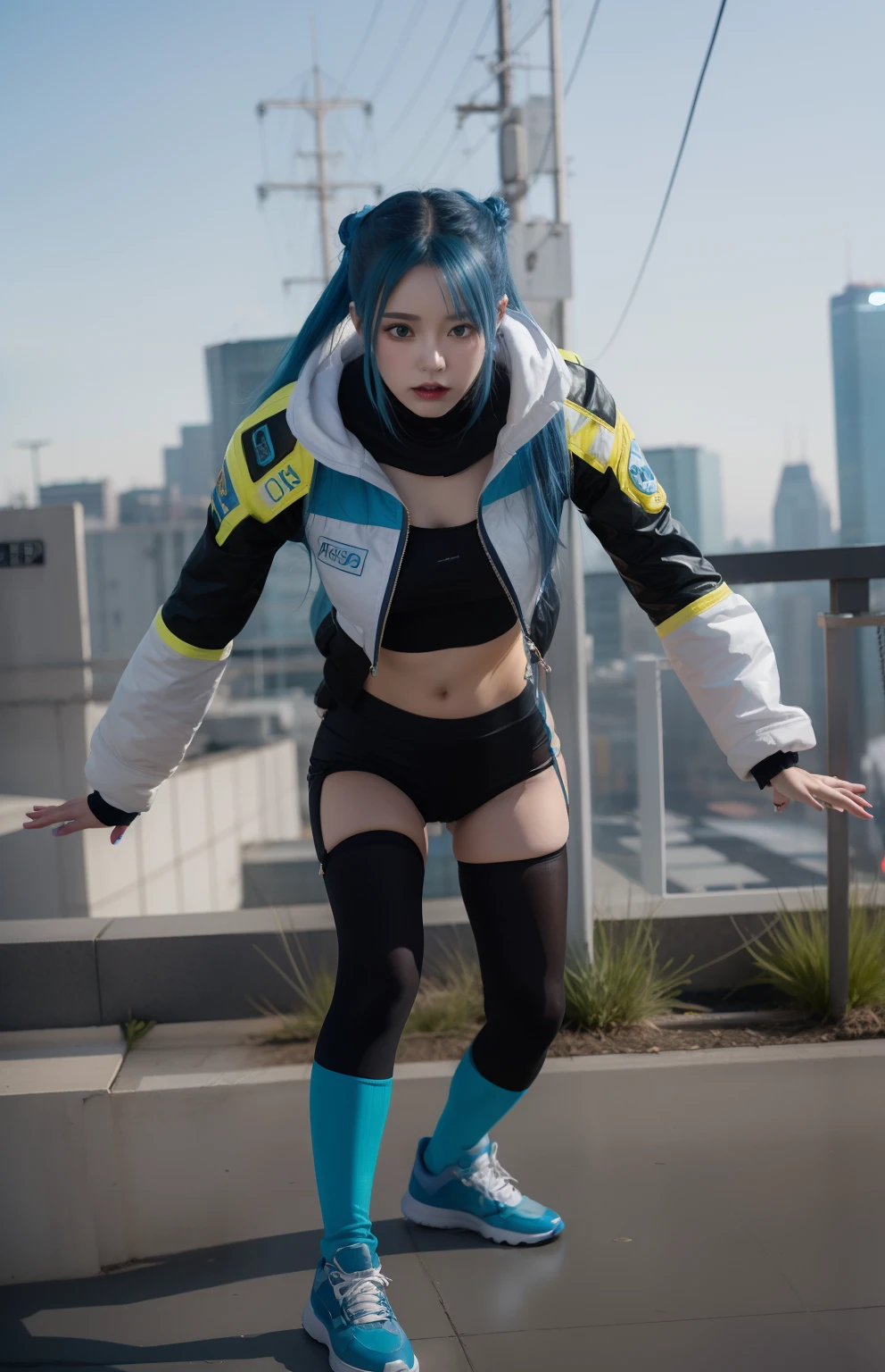 Young woman in cyberpunk fashion、、large full breasts、beautiful foot、lightbluehair、、Good Style、spaceship jacket、、Leotard、、tights