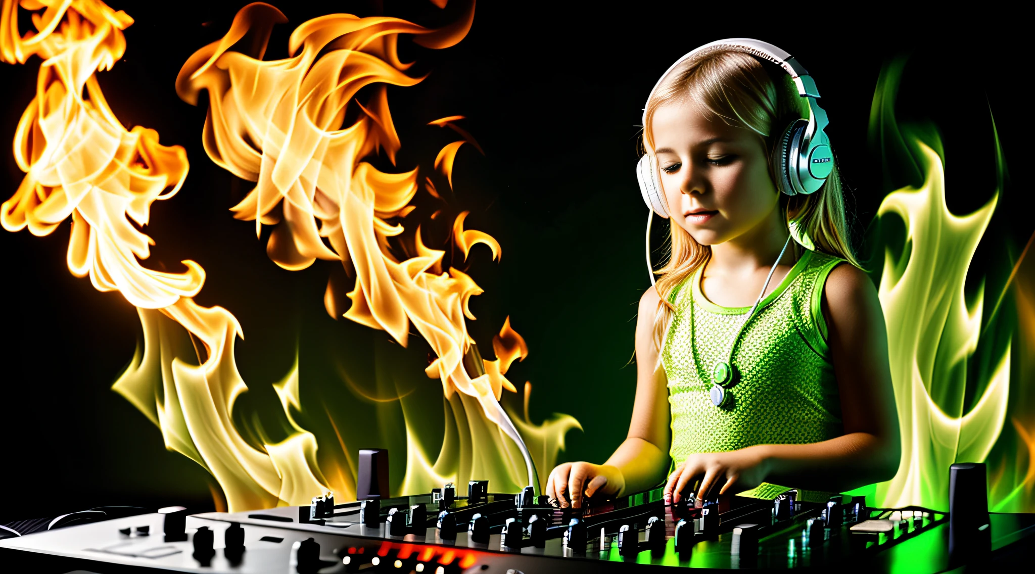 Image of a CHILD BLONDE girl with headphones playing music, Atom and Evil, DJ, fire and GREEN FIRE , FLAMME, BURN , FOGO, GREEN, VERDE.