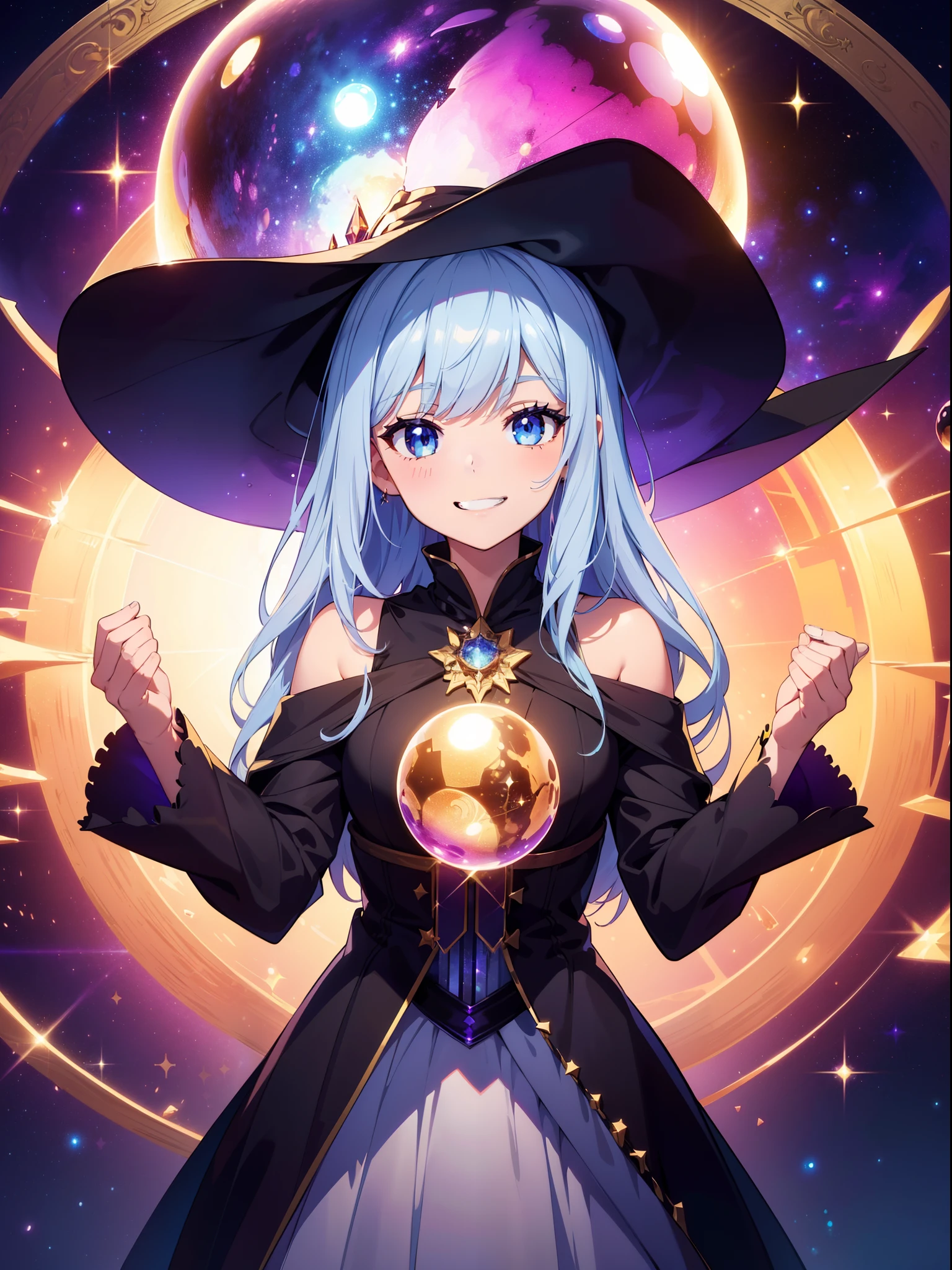 The witch develops a magic formation in the sky and casts a spell, flying over the forest, 
evening dress, witch's hat, slit, mini cloth, cleavage, magic power dances on the wind, Plasma generated around, higher dimensional phenomena, 
absurd resolution, absurd detailed, best quality, smile, open mouth,
