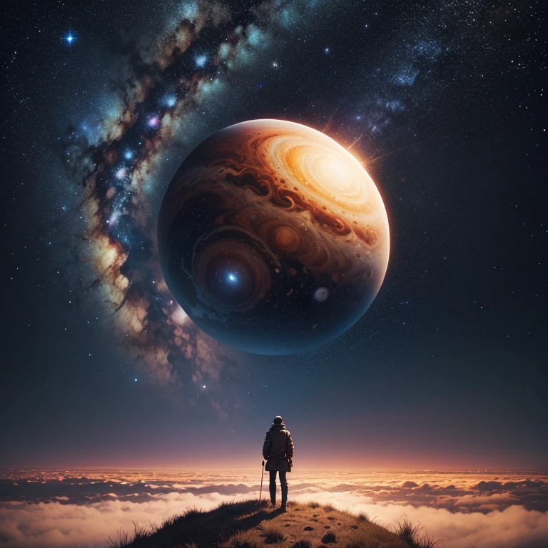 A man standing on the plain,Look at the stars,telescopic lens,galactic,Giant Jupiter,giant saturn
