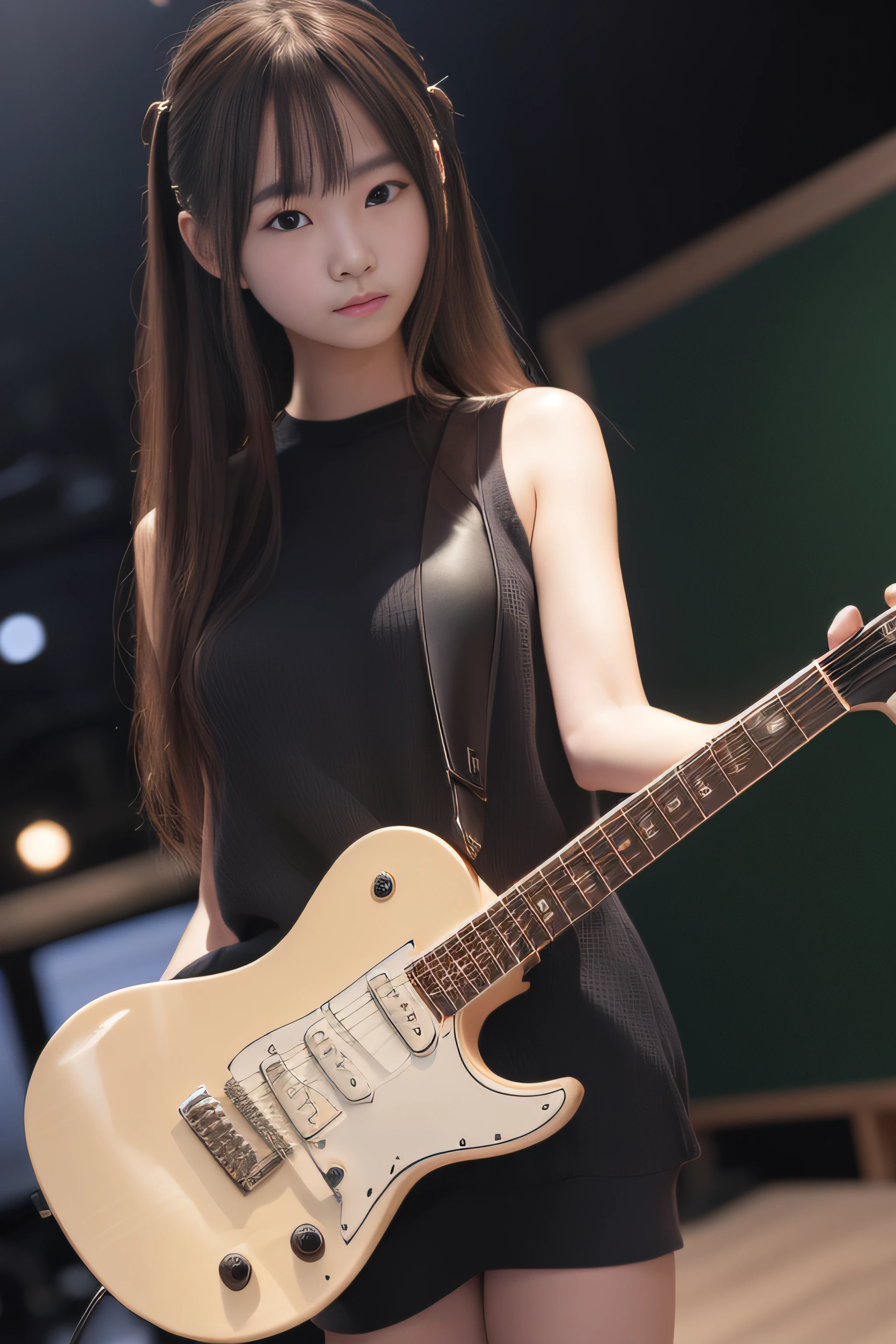 top-quality、masterpiece、超A high resolution、(Photorealsitic:1.4)、Raw photo、1girl in, 18year old, japanes, Longhaire, Big beautiful eyes, electric guitars, Live House Background, solofocus, (depth of fields, Ambient lighting, Blurred foreground, blurry backround:1.3), Atmosphere, Light flare, intricate detailes, enhanced lighting、Two arms