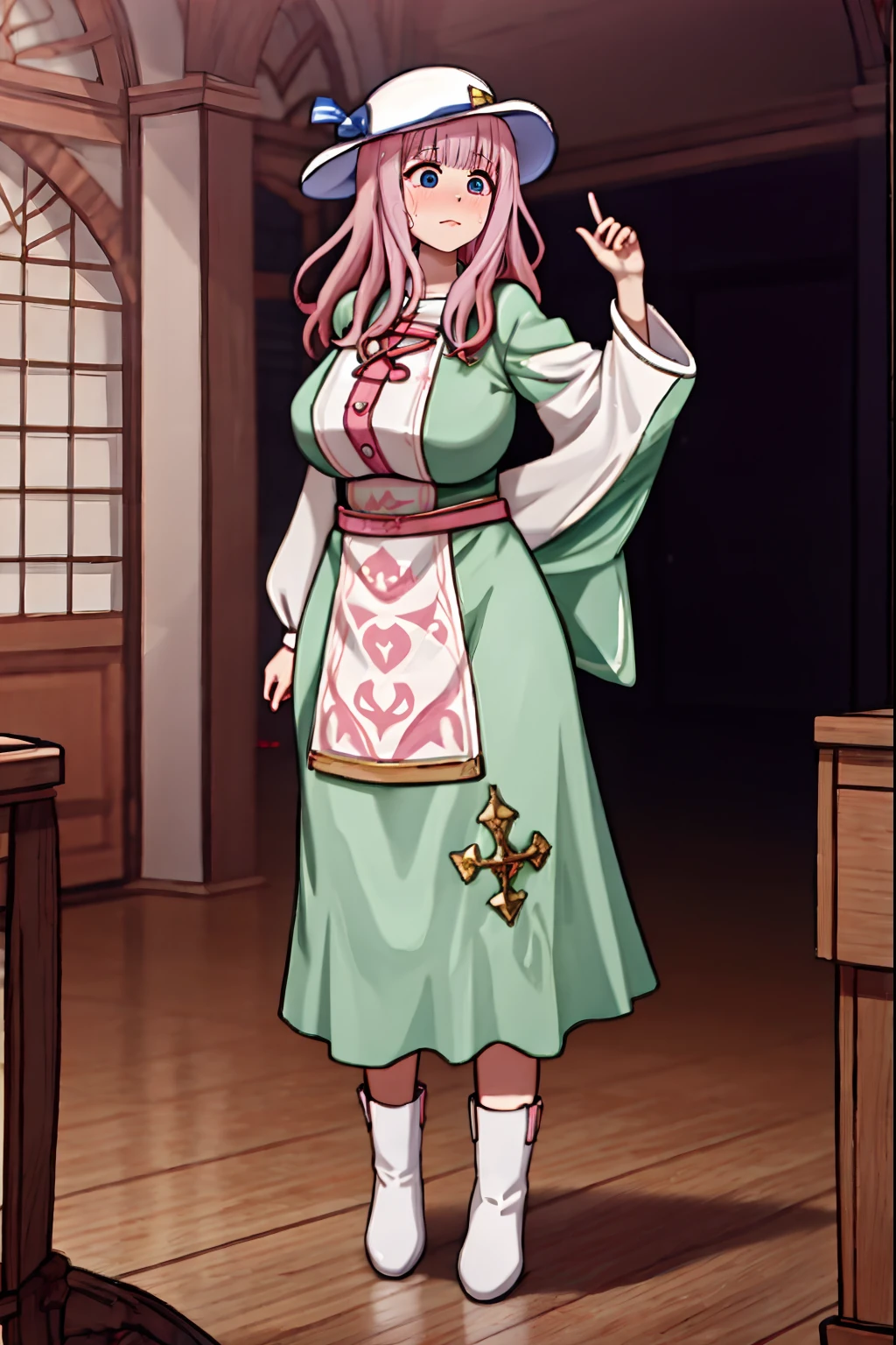 best quality, (masterpiece:1.2), detailed,, ,cute face, tall girl, huge breasts pink long hair,Fujiwara Chika, full body, hat, wizard tunic, boots,woman-medieval-clothes