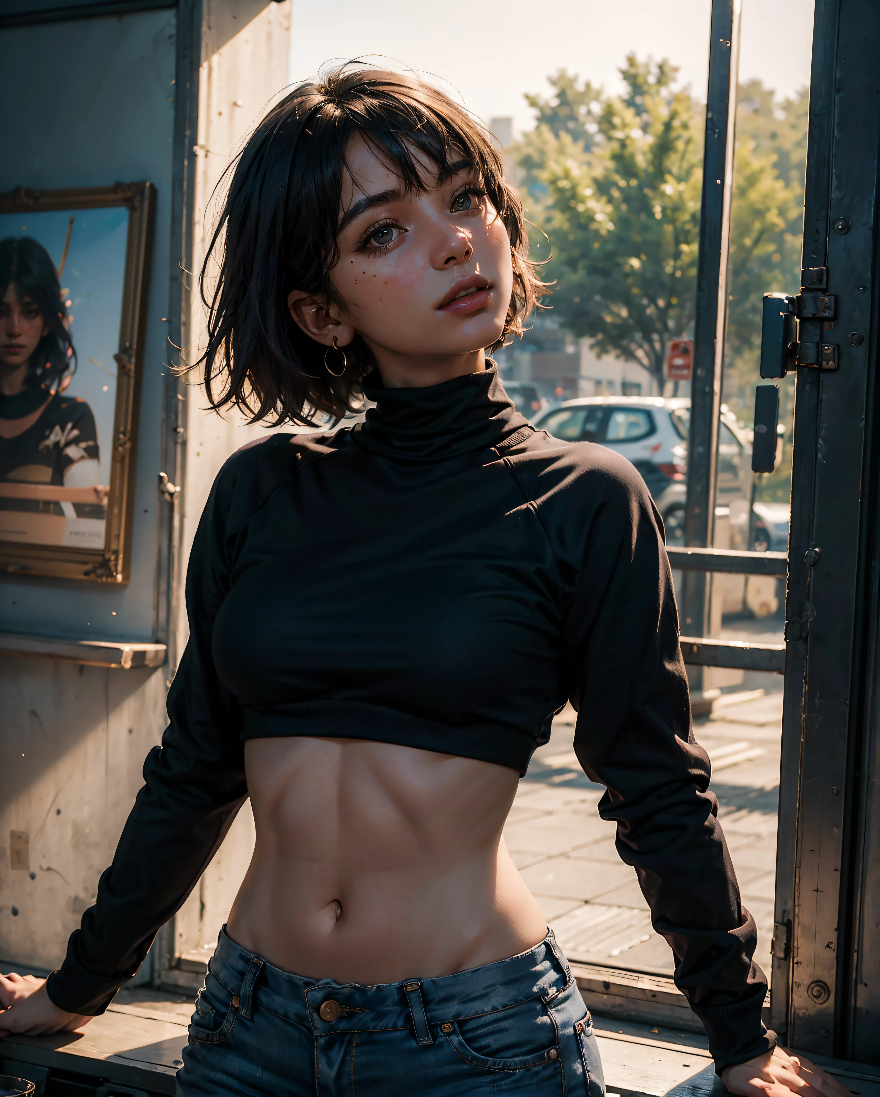solo, 1girl, (masterpiece), ((14 year old appearance)), mohalk punk hair, small breasts, yellow eyes, ((detailed eyes)), (athletic body), (simple black cropped), (simple sexy micro black top with red details), looking at the screen, orange lipstick, visible abs, (((one simple high-cut micro thong))), navel, (collarbone), (cyberpunk scenery background)
