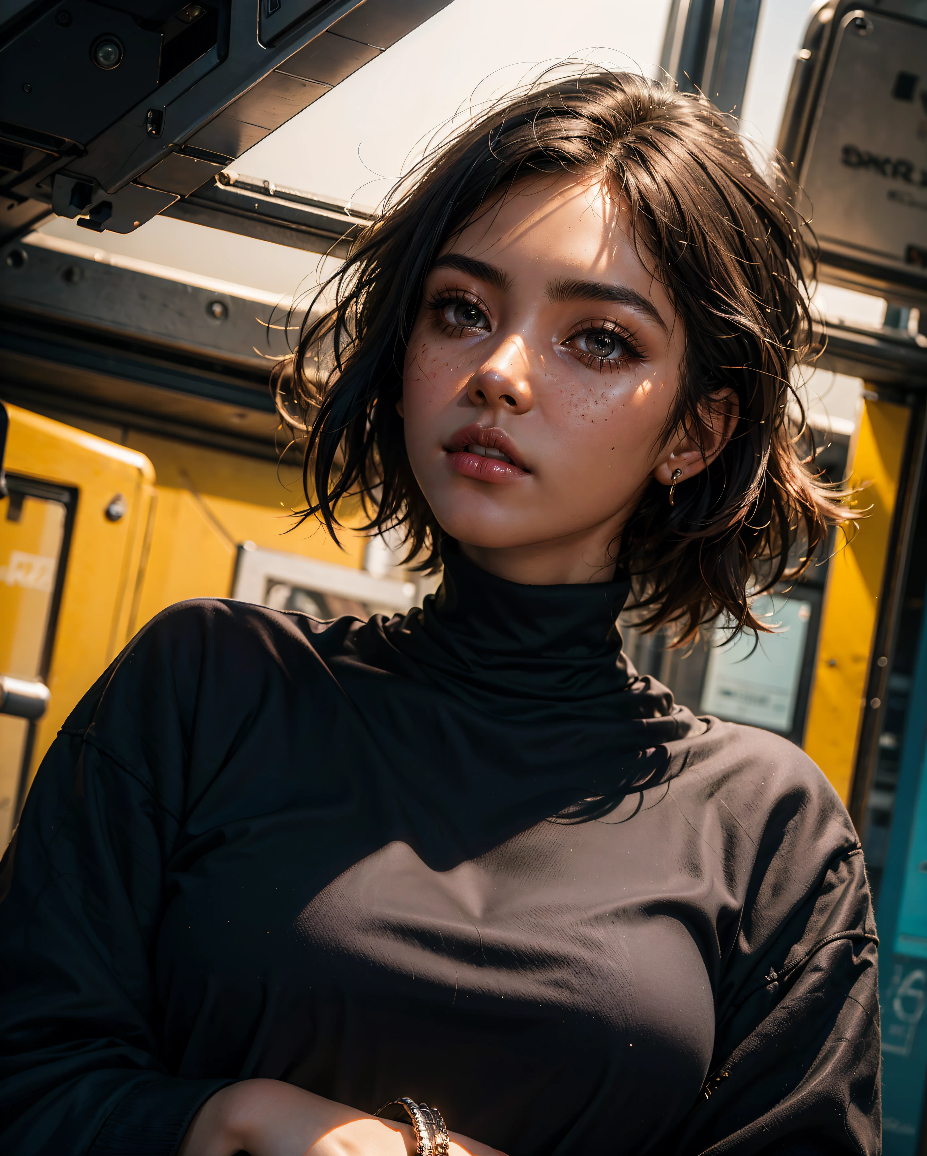 high angle photo of a gorgeous young woman in the style of stefan kostic, realistic skin texture, looks up,black sweatshirt, 1 / 2 body crop, 8 5 mm art lens, f 1. 2, sharp focus, 8 k high definition, insanely detailed, intricate, elegant, art by stanley lau and artgerm
