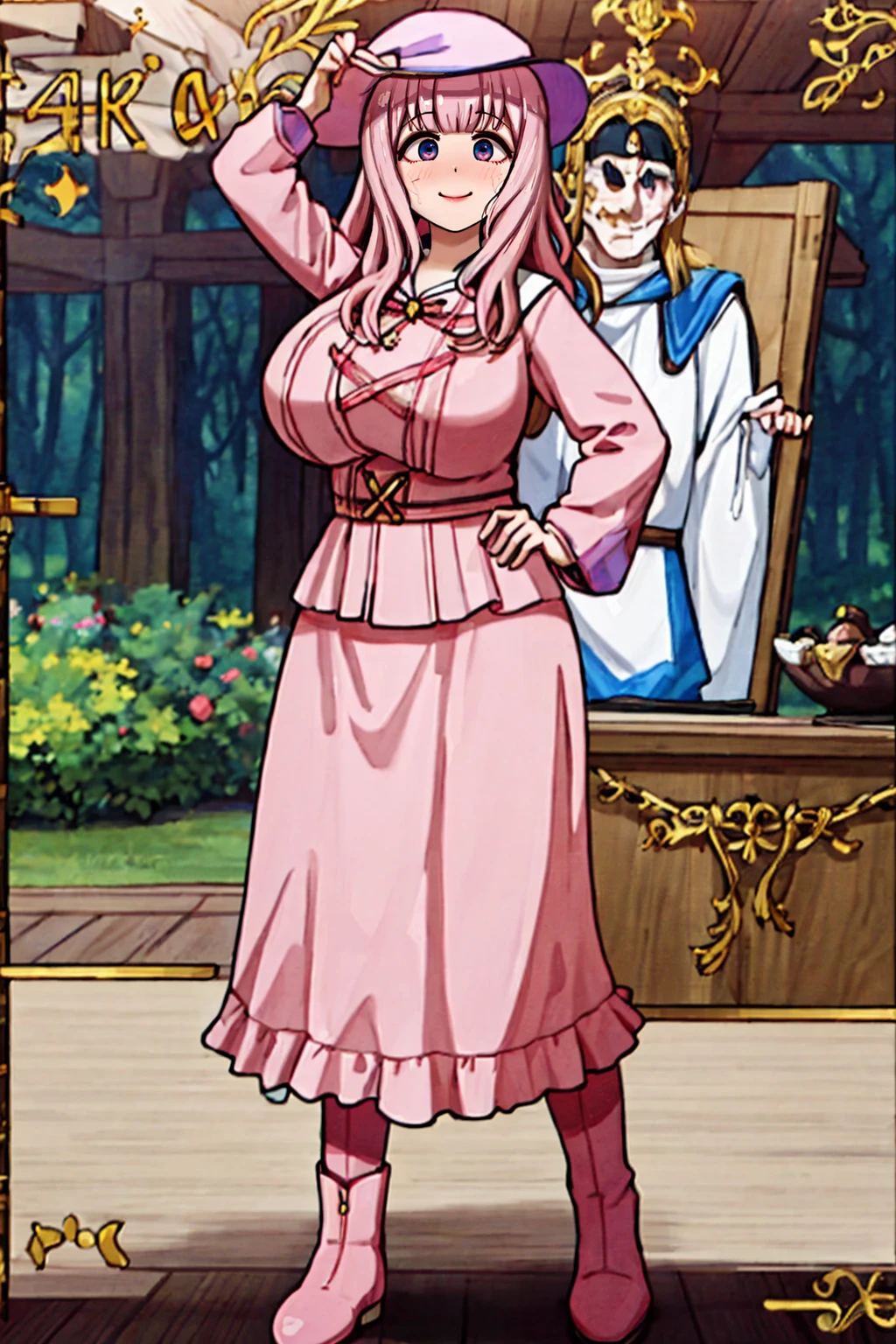 (best quality,4k,8k,highres,masterpiece:1.2),ultra-detailed,(:1.37),cute face,tall girl,huge breasts,pink long hair,Fujiwara Chika,full body,hat,wizard tunic,boots,woman-medieval-clothes,illustration,forest background,vibrant colors,warm lighting, smile, happy, long skirt