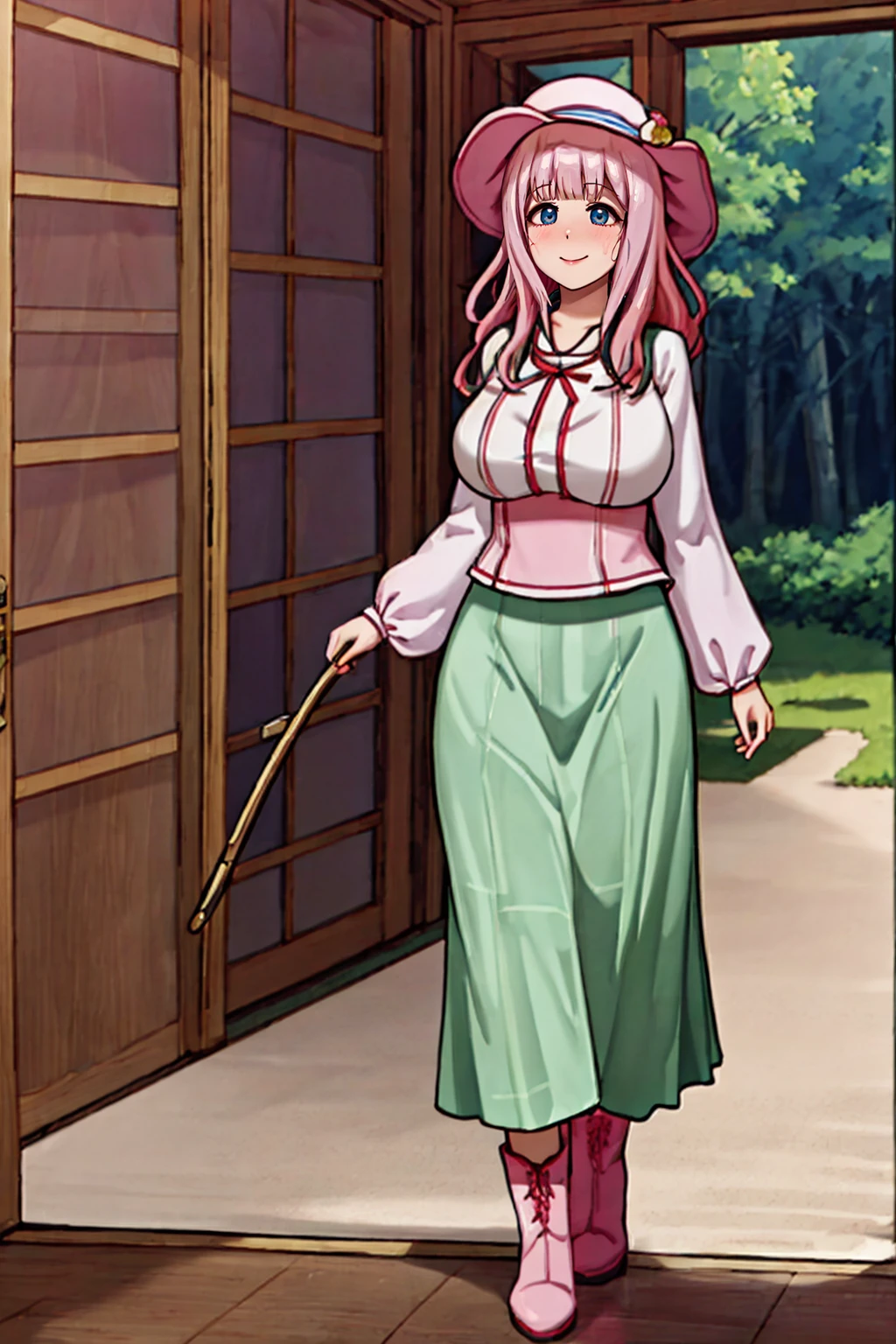 (best quality,4k,8k,highres,masterpiece:1.2),ultra-detailed,(:1.37),cute face,tall girl,huge breasts,pink long hair,Fujiwara Chika,full body,hat,wizard tunic,boots,woman-medieval-clothes,illustration,forest background,vibrant colors,warm lighting, smile, happy, long skirt