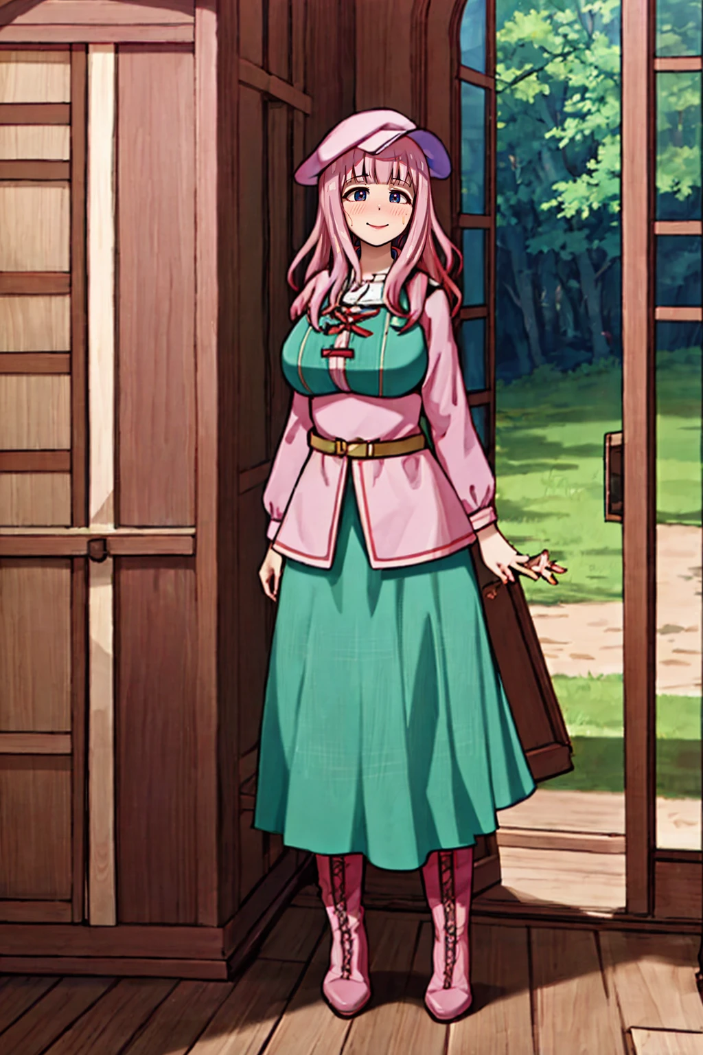 (best quality,4k,8k,highres,masterpiece:1.2),ultra-detailed,(:1.37),cute face,tall girl,huge breasts,pink long hair,Fujiwara Chika,full body,hat,wizard tunic,boots,woman-medieval-clothes,illustration,forest background,vibrant colors,warm lighting, smile, happy, long skirt