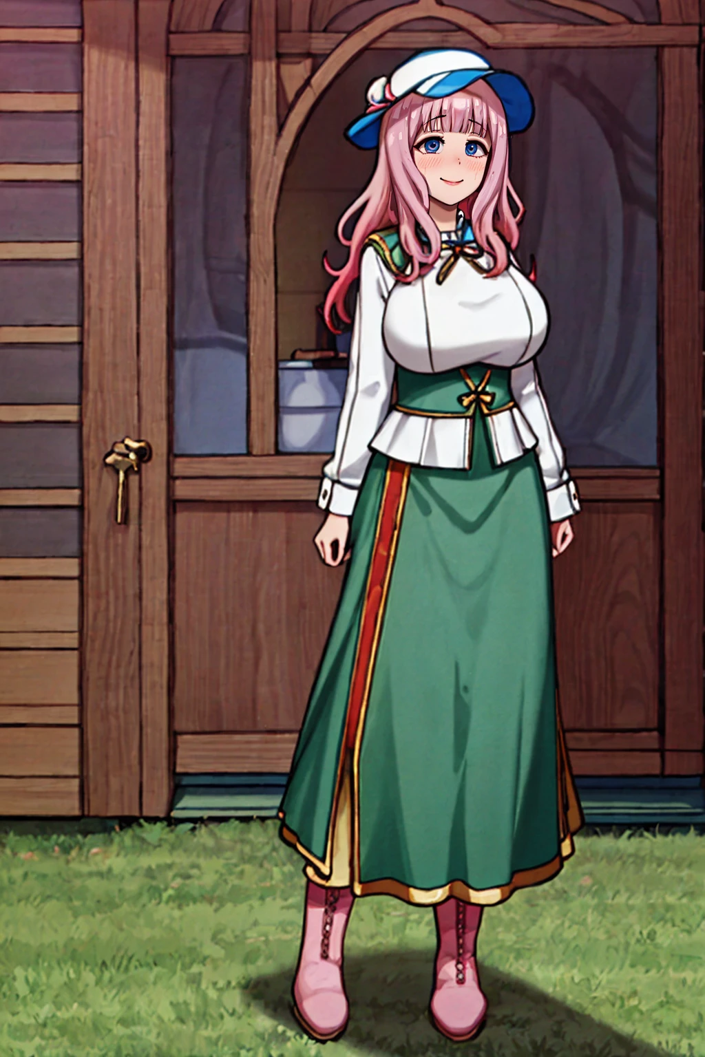 (best quality,4k,8k,highres,masterpiece:1.2),ultra-detailed,(:1.37),cute face,tall girl,huge breasts,pink long hair,Fujiwara Chika,full body,hat,wizard tunic,boots,woman-medieval-clothes,illustration,forest background,vibrant colors,warm lighting, smile, happy, long skirt