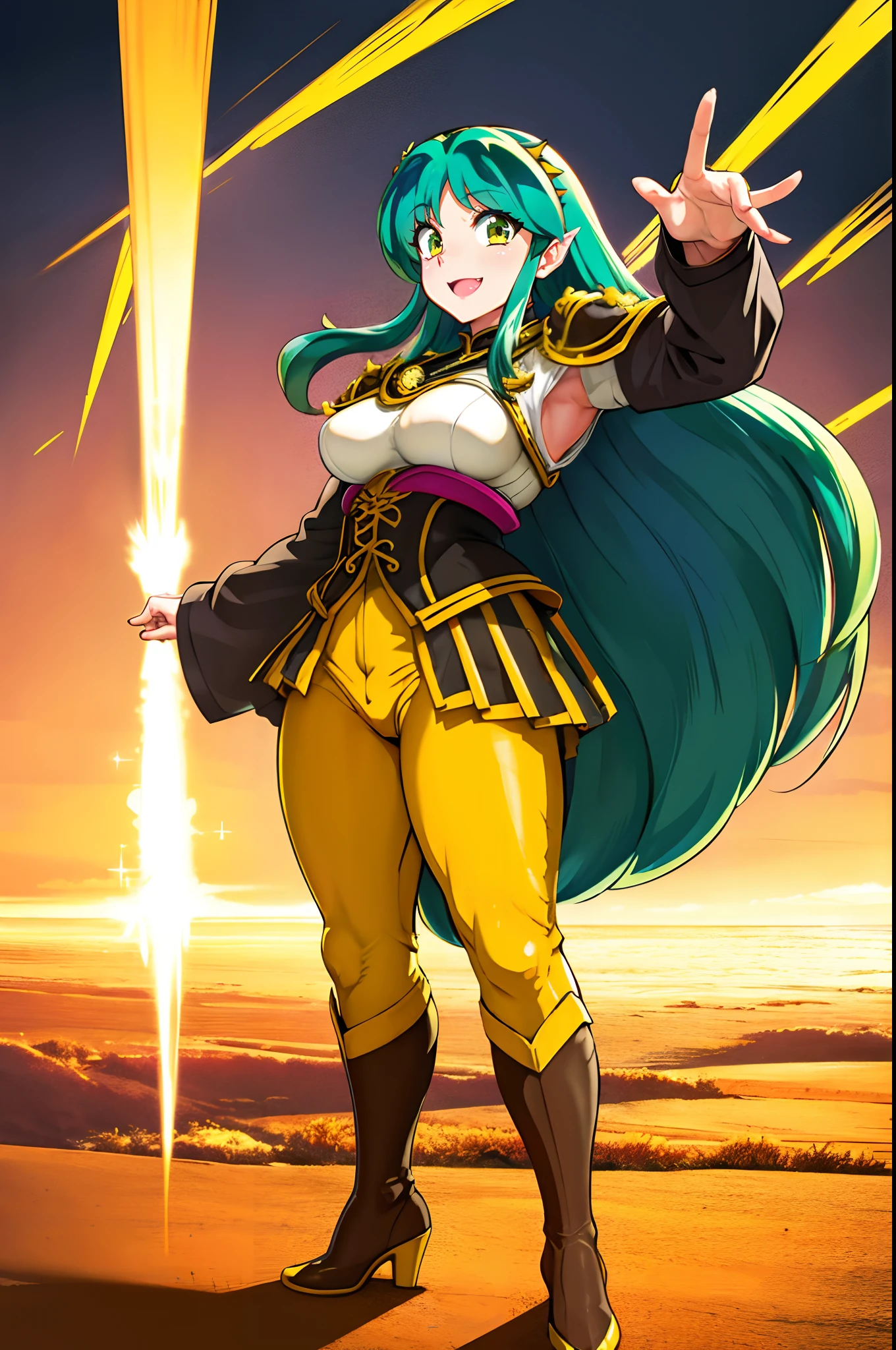 masterpiece, best quality,, corset, breastplate,lum, , urusei yatsura, cloak, pants, pullover kimono,martial pov,, pantyhose, sharpteeth, standing,smile, matial art,, full body, boots , pant, medium breast, pants, pullover,martial pov,god rays, ray tracing, sparkle, cinematic lighting, UHD, retina, masterpiece, ccurate, anatomically correct, textured skin, super detail, high details, high quality, award winning, best quality, highres, 1080P, HD, 4K, thunder aura, light aura, sharpteeth,, super powers, full body, standing, kimono