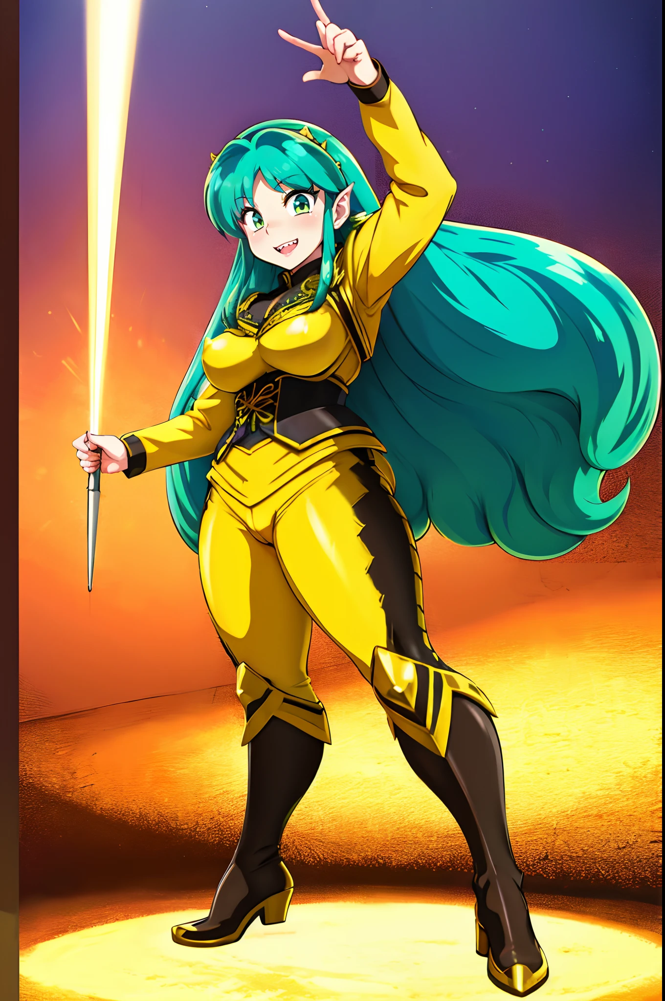 masterpiece, best quality,, corset, breastplate,lum, , urusei yatsura, cloak, pants, pullover kimono,martial pov,, pantyhose, sharpteeth, standing,smile, matial art,, full body, boots , pant, medium breast, pants, pullover,martial pov,god rays, ray tracing, sparkle, cinematic lighting, UHD, retina, masterpiece, ccurate, anatomically correct, textured skin, super detail, high details, high quality, award winning, best quality, highres, 1080P, HD, 4K, thunder aura, light aura, sharpteeth,, super powers, full body, standing, kimono