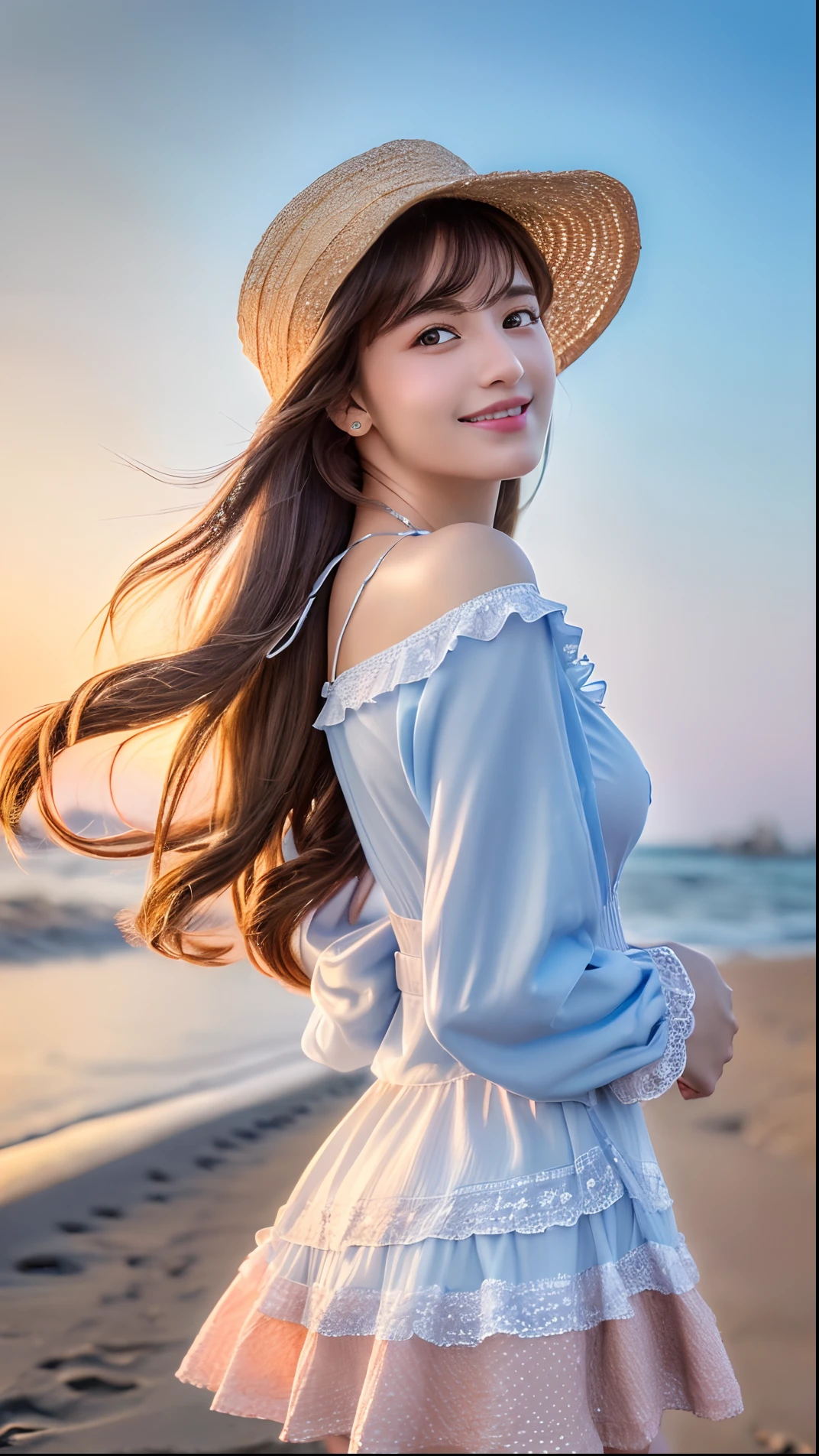 (best quality, ultra high resolution, 8K, masterpiece, real, photorealsitic:1.8), a Japanease girl, solo, upper shot, break, detailed hair, brown hair, long curly hair with flower, (white skin, big breasts:1.2), highly detailed face, detailed skin, lustrous skin brown eyes, blushing cheeks, detailed lips, smiling, (straw hat, detailed clothes, light blue and white soft dress with frills, long sleeves, pink soft skirt, silver headband, silver necklace, long brown leather belt), break, (drunk:1.2), (beach in Greek:1.3, sunset), breezing
