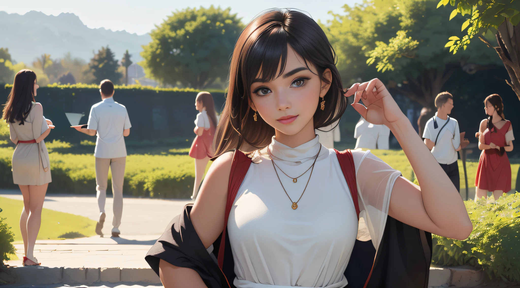 sfw, (Extremely detailed 8k wallpaper:2), (photo:2), (soigne Beautiful girl:2), (gives a lecture to friends:2), detailed (Face and eyes), (hyper realistic:1), (highly detailed:1), (epic realistic:1), rim light, (maximum details:1), cozy, (fullbody:1.3), (looking at viewer:2), (Woman's Attractive Qualities:2), (Attractive Woman:2), (Attractive:2), Smile, Intelligence, Empathy, Gracefulness, Sense of Style, Fitness, Grooming, Optimism, (Sensitivity:2), Sincerity, Romantic Gestures, Playfulness, Fashion Sense, (Sensuality:2), Charm, Modesty, Thoughtfulness, (Femininity:1), Flirtatiousness, Warmth, (Physical attractiveness:2), A beautiful smile, A love of life, strength and power, vulnerability, curiosity, wonder, love, (nature background:2), kawaii, waifu, Beautiful breasts, (attractive body:2), (Beautiful body:2), Beautiful pose, attractive pose, (Beautiful legs:1.0), (spread legs:1.0), (Beautiful clothes:1), (classic clothes:2), (elegant clothes:2), (European clothes:2), detailed clothes, (skirt:1), (blouse:1), (provocative pose)