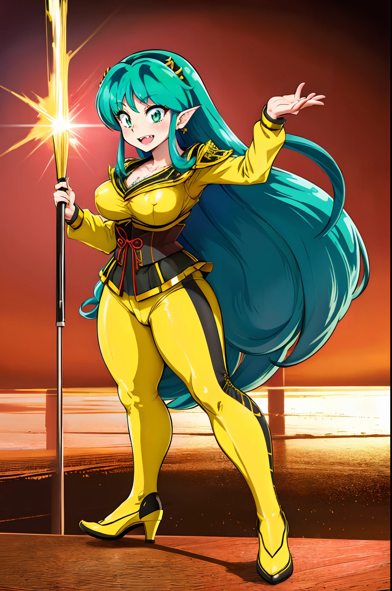 masterpiece, best quality,, corset, breastplate,lum, , urusei yatsura, cloak, pants, pullover kimono,martial pov,, pantyhose, sharpteeth, standing,smile, matial art,, full body, boots , pant, medium breast, pants, pullover,martial pov,god rays, ray tracing, sparkle, cinematic lighting, UHD, retina, masterpiece, ccurate, anatomically correct, textured skin, super detail, high details, high quality, award winning, best quality, highres, 1080P, HD, 4K, thunder aura, light aura, sharpteeth,, super powers, full body, standing, kimono