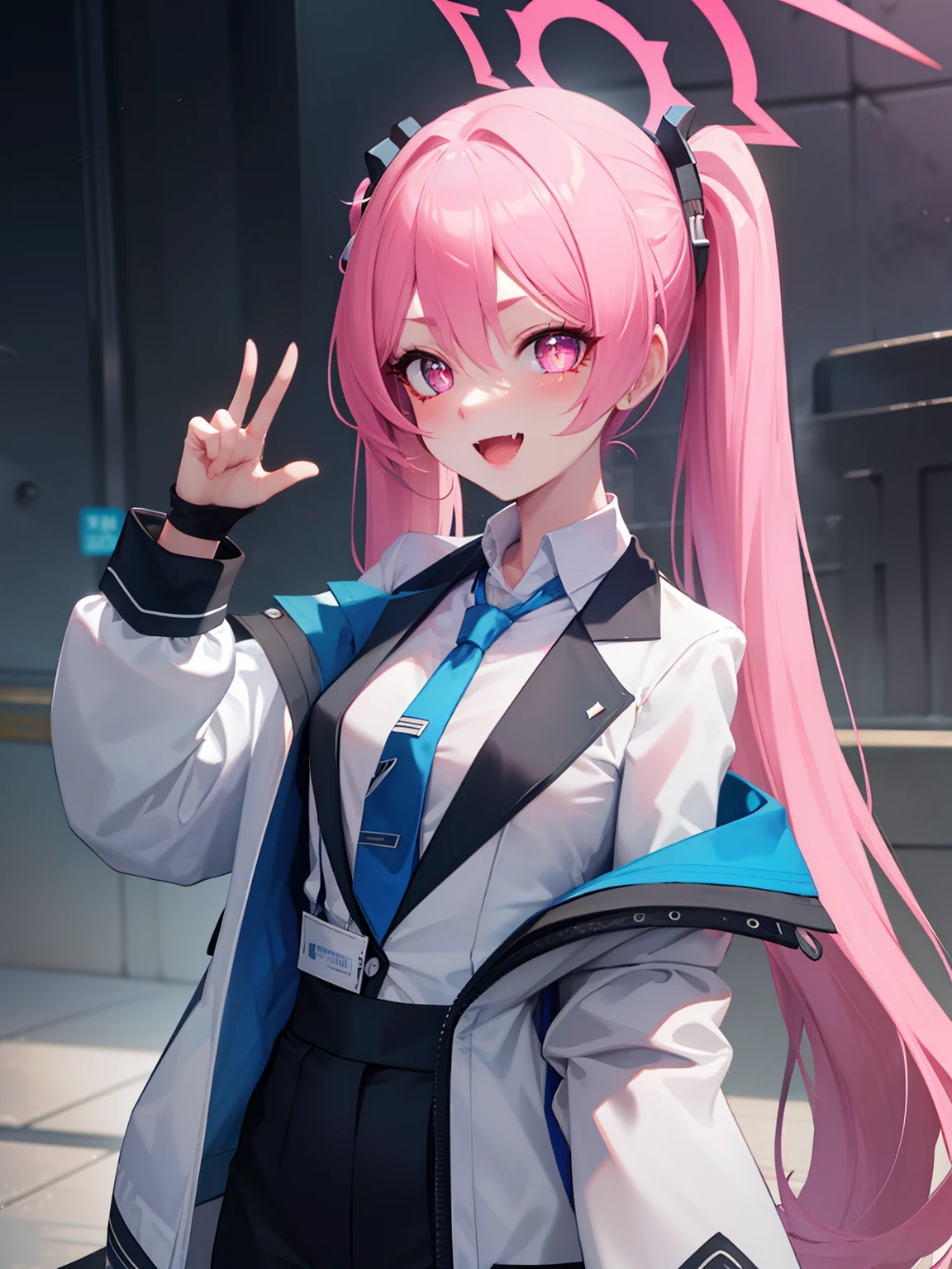 Masterpiece, best quality, very detailed CG unity 8k wallpaper, best illustration, best shadows, high quality, solo, (close-up:0.9), (upper body:0.8), motion blur, blue archive, pink_hair, long_hair, halo, twintails, open_mouth, hair_between_eyes, bangs, pink_eyes, fang, smile, blush, skin_fang, very_long_hair, koyuki, blue necktie, sparkling yellow eyes, detailed eyes,