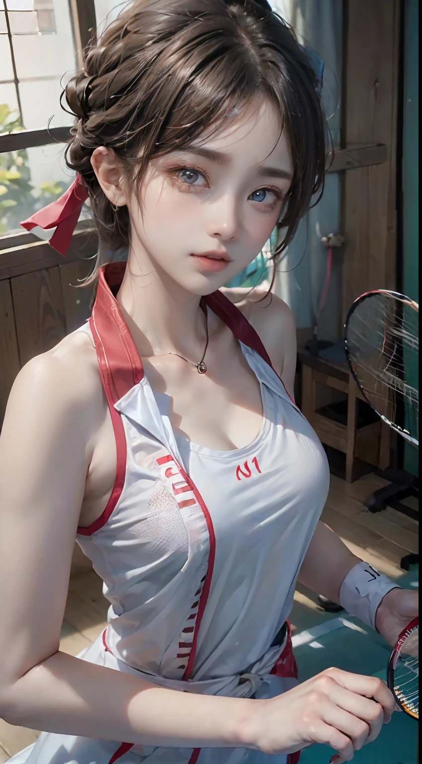 (bird's eyes view, Badminton player:1.5), Accurate anatomical details:1.5, tmasterpiece, top-quality:1.5, (actual:1.4), (RAW photos:1.4), extremely detaild的 CG unified 8k wallpapers, Exquisite, Meticulous attention to detail, offcial art, (Beautiful eyes and face:1.5), The details of the eyes are exquisite，The face glows, one-girl, Short hair details, (fully body photo:1.5), Badminton costume:1.5, Badminton court,Standing on the badminton court, There are many badminton balls on the ground.