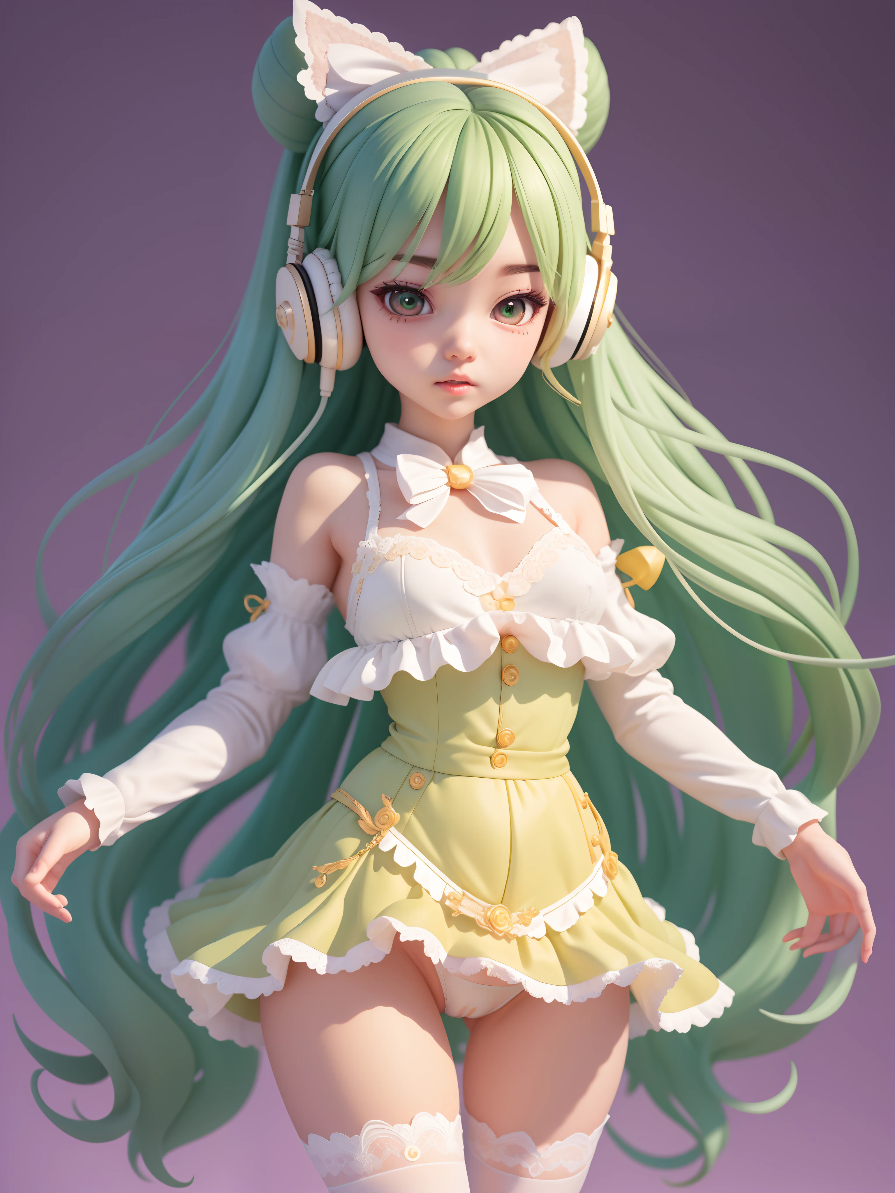 (masterpiece)、(top-quality)、(The ultra-detailliert)、(full body Esbian:1.2)、simple background、1girl in、独奏、The upper part of the body、long curly hair、Songsuits、Pompadour skirt、Slim and beautiful vest、Lace Shirt、Bubble Sleeve、pasties、bow ribbon、Plaid、Green hair、headphones、long、Standing microphone、(beautifull detailed face)、(beatiful detailed eyes)、{{Lift the skirt yourself}}、{{{very crisp lace panties}}}、{{{Panties look good}}}、{{erotic panties}}、{{{Panties that dig into your thighs}}}、{{{distinct camel toe}}}