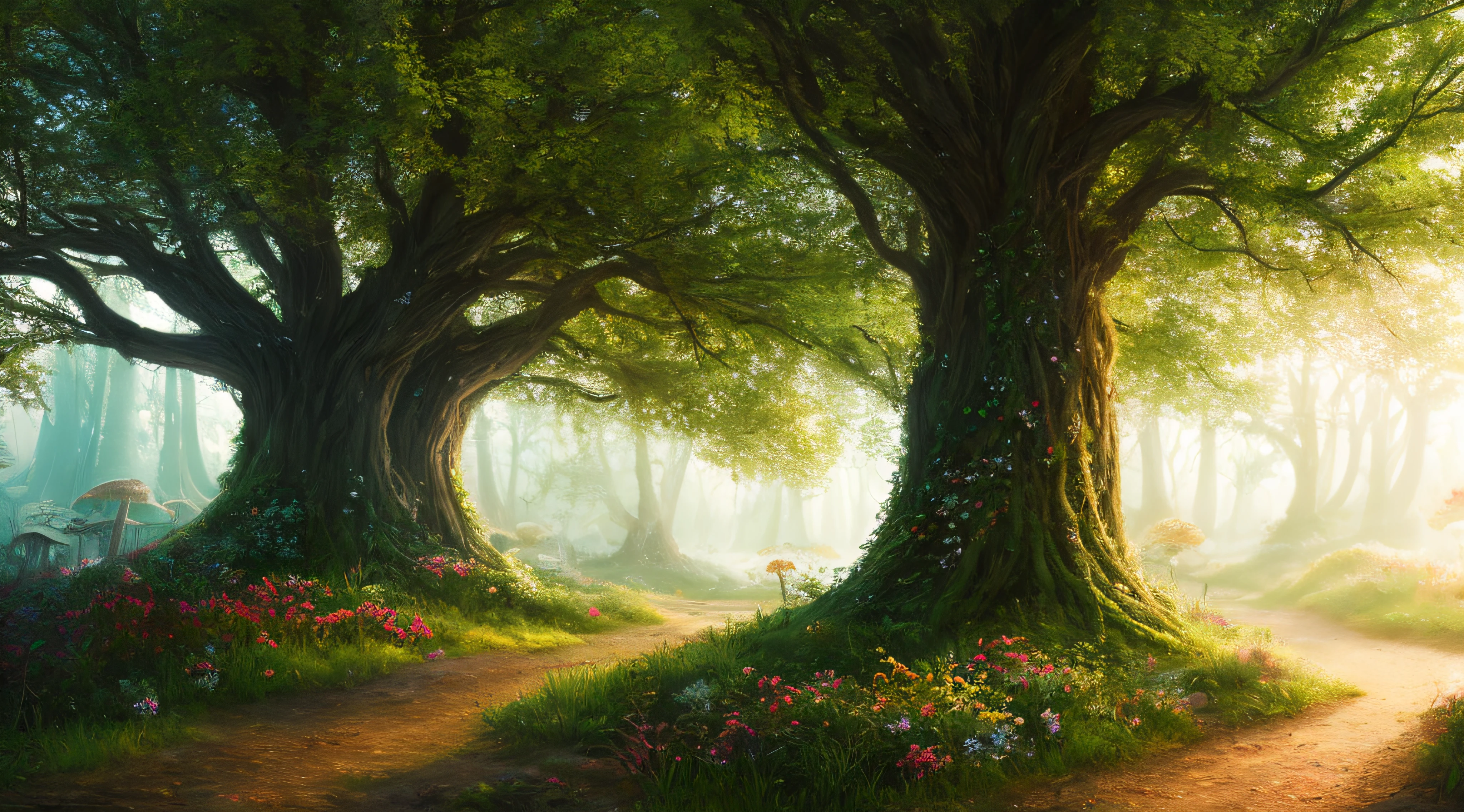 masterpiece, best quality, high quality,extremely detailed CG unity 8k wallpaper, An enchanting and dreamy scene of a fantasy forest, with towering trees, glowing mushrooms, and hidden fairy glens, creating a sense of mystique and enchantment, artstation, digital illustration, intricate, trending, pastel colors, oil paiting, award winning photography, Bokeh, Depth of Field, HDR, bloom, Chromatic Aberration ,Photorealistic,extremely detailed, trending on artstation, trending on CGsociety, Intricate, High Detail, dramatic, art by midjourney