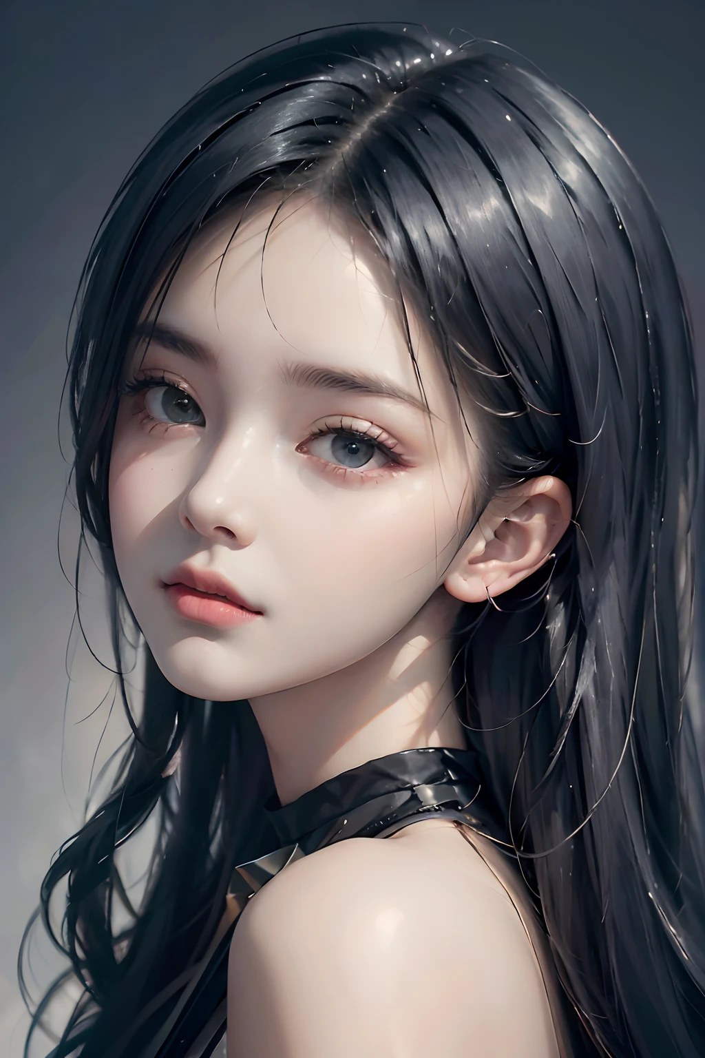 An 18-year-old woman, (high top fade: 1.3), long hair, dark theme, soothing tones, looking at the viewer,  soft colors, high contrast, (natural skin texture, surrealism, soft light, sharp),