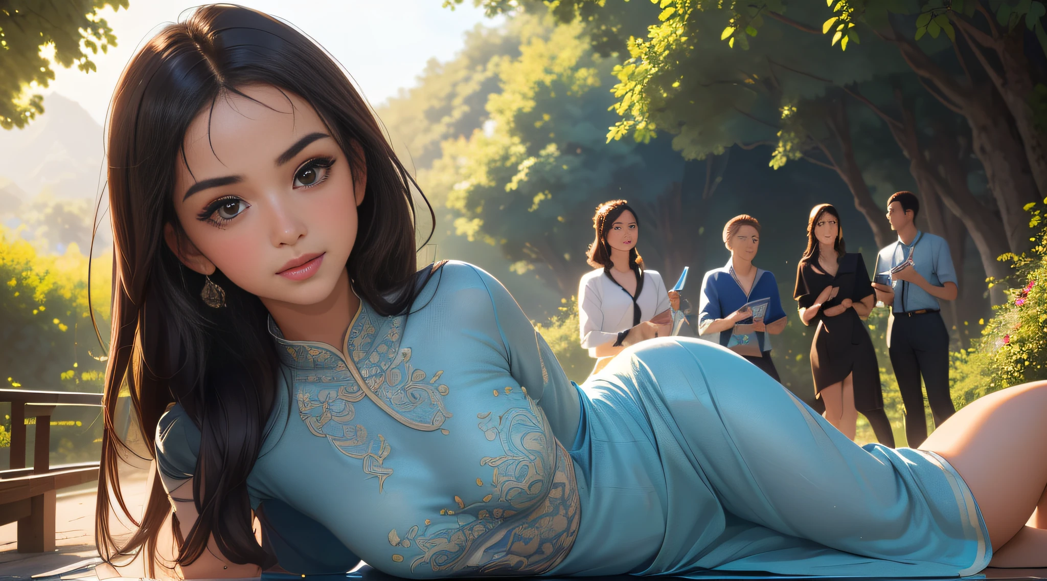 sfw, (Extremely detailed 8k wallpaper:2), (photo:2), (soigne Beautiful girl:2), (gives a lecture to friends:2), detailed (Face and eyes), (hyper realistic:1), (highly detailed:1), (epic realistic:1), rim light, (maximum details:1), cozy, (fullbody:1.3), (looking at viewer:2), (Woman's Attractive Qualities:2), (Attractive Woman:2), (Attractive:2), Smile, Intelligence, Empathy, Gracefulness, Sense of Style, Fitness, Grooming, Optimism, (Sensitivity:2), Sincerity, Romantic Gestures, Playfulness, Fashion Sense, (Sensuality:2), Charm, Modesty, Thoughtfulness, (Femininity:1), Flirtatiousness, Warmth, (Physical attractiveness:2), A beautiful smile, A love of life, strength and power, vulnerability, curiosity, wonder, love, (nature background:2), kawaii, waifu, Beautiful breasts, (attractive body:2), (Beautiful body:2), Beautiful pose, attractive pose, (Beautiful legs:1.0), (spread legs:1.0), (Beautiful clothes:1), (classic clothes:2), (elegant clothes:2), (European clothes:2), detailed clothes, (skirt:1), (blouse:1), (provocative pose)