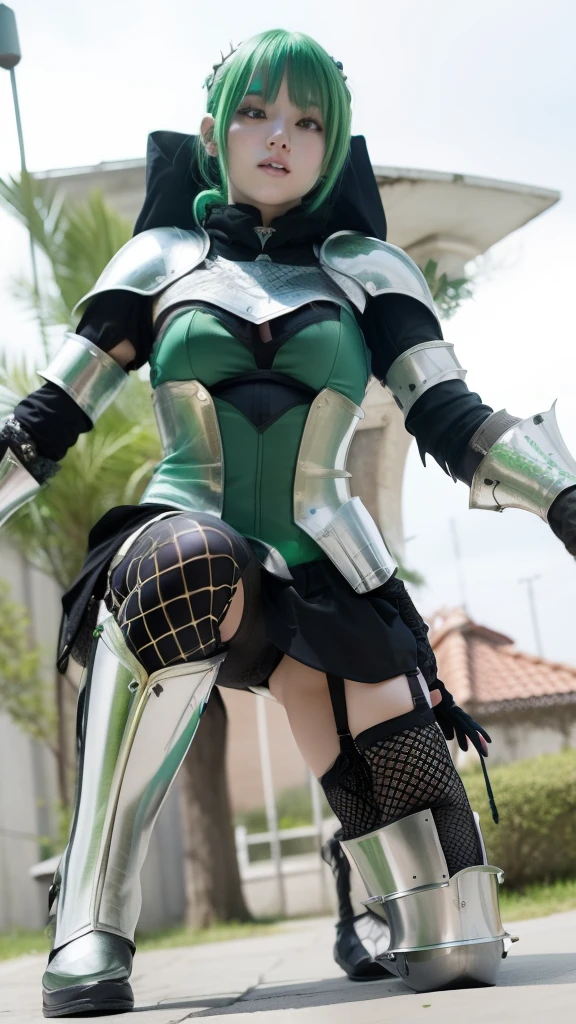 fantasy young female knight、、large full breasts、beautiful foot、Fluorescent Green Hair、、Good Style、、a miniskirt、Dark Armor、、Leg armor、fishnet tights